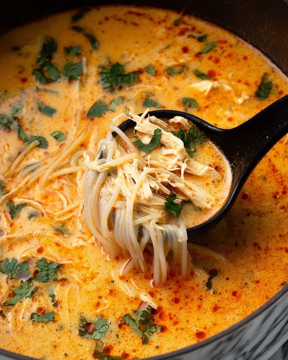 The image shows a white bowl filled with a colorful noodle soup with multiple layers starting with a light orange, creamy broth that covers the bottom layer. Above this, there are white rice noodles arranged in loose, soft clumps mingled with shredded white chicken pieces. Bright red bell pepper slices add a splash of color along with dark green spinach leaves and scattered fresh cilantro leaves on top. A wedge of lime with a light green peel sits near the front edge of the bowl. Two white-handled utensils, a spoon and a fork, are placed inside the bowl, partially submerged in the soup. The bowl rests on a surface with a white marbled texture, and fresh basil and garlic are placed beside it for decoration. Photo taken with an iphone --ar 4:5 --v 7