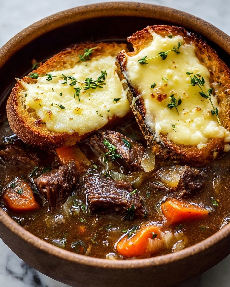 A bowl filled with a rich brown stew containing visible chunks of tender beef, orange carrot pieces, and green herbs scattered throughout. On top, there are two long slices of toasted baguette covered with melted white cheese sprinkled with fresh green thyme and ground black pepper. The bowl has a light speckled gray rim and sits on a white marbled surface. A woman's hand with a light gray sweater sleeve gently holds the bowl. In the background, there is a second bowl with a similar stew and toasted cheese bread, along with some star anise and thyme sprigs scattered around. Photo taken with an iphone --ar 4:5 --v 7