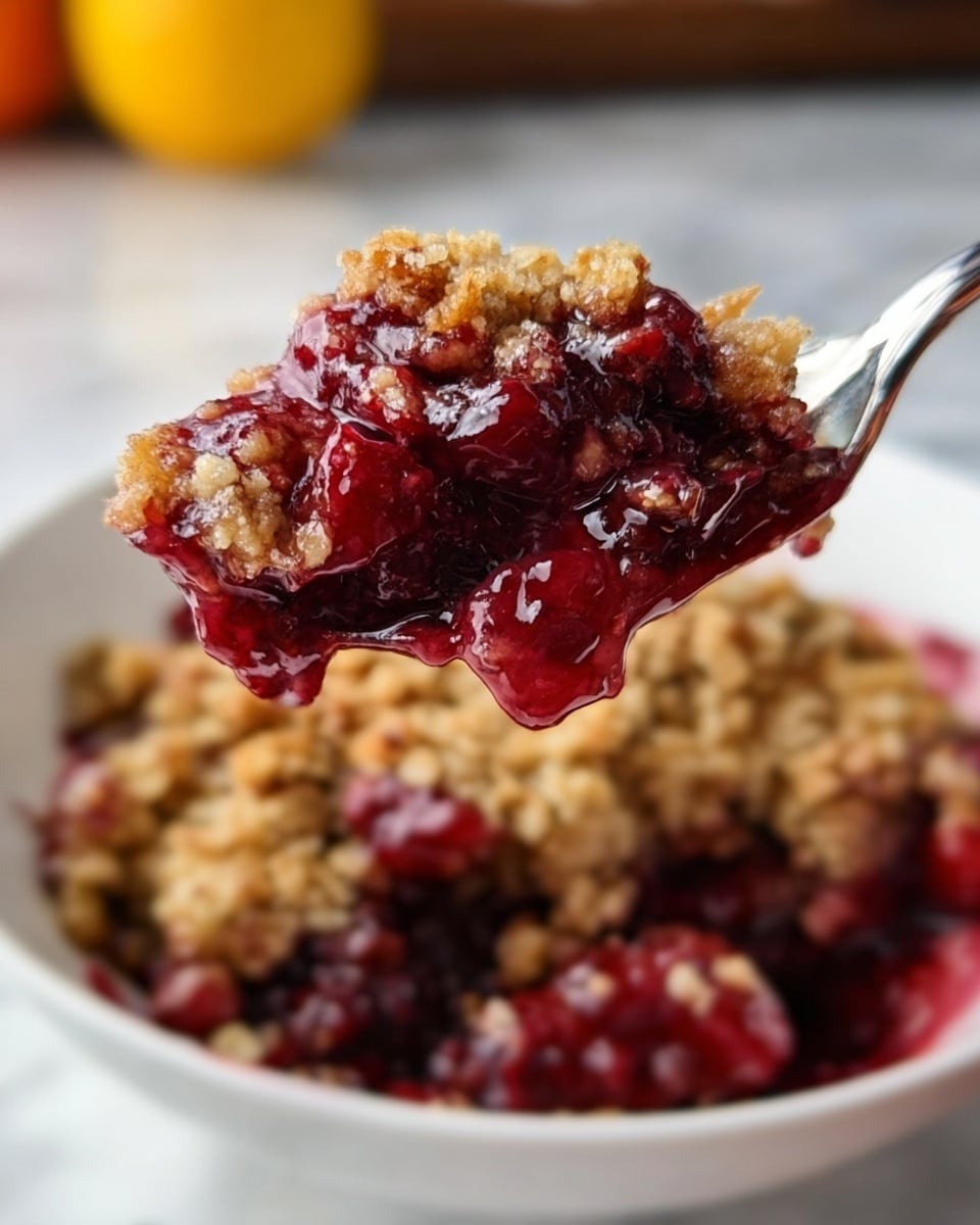 A white round baking dish filled with a fruit crumble dessert, showing a thick crumbly golden brown topping made of oats and small clusters, covering a deep red berry filling visible along the edges where a scoop was taken out. A white spoon rests inside the dish, and next to it, a small white bowl holds fresh red cranberries. The dish sits on a white marbled surface surrounded by green pine branches and small brown pine cones, creating a festive look. Photo taken with an iphone --ar 4:5 --v 7