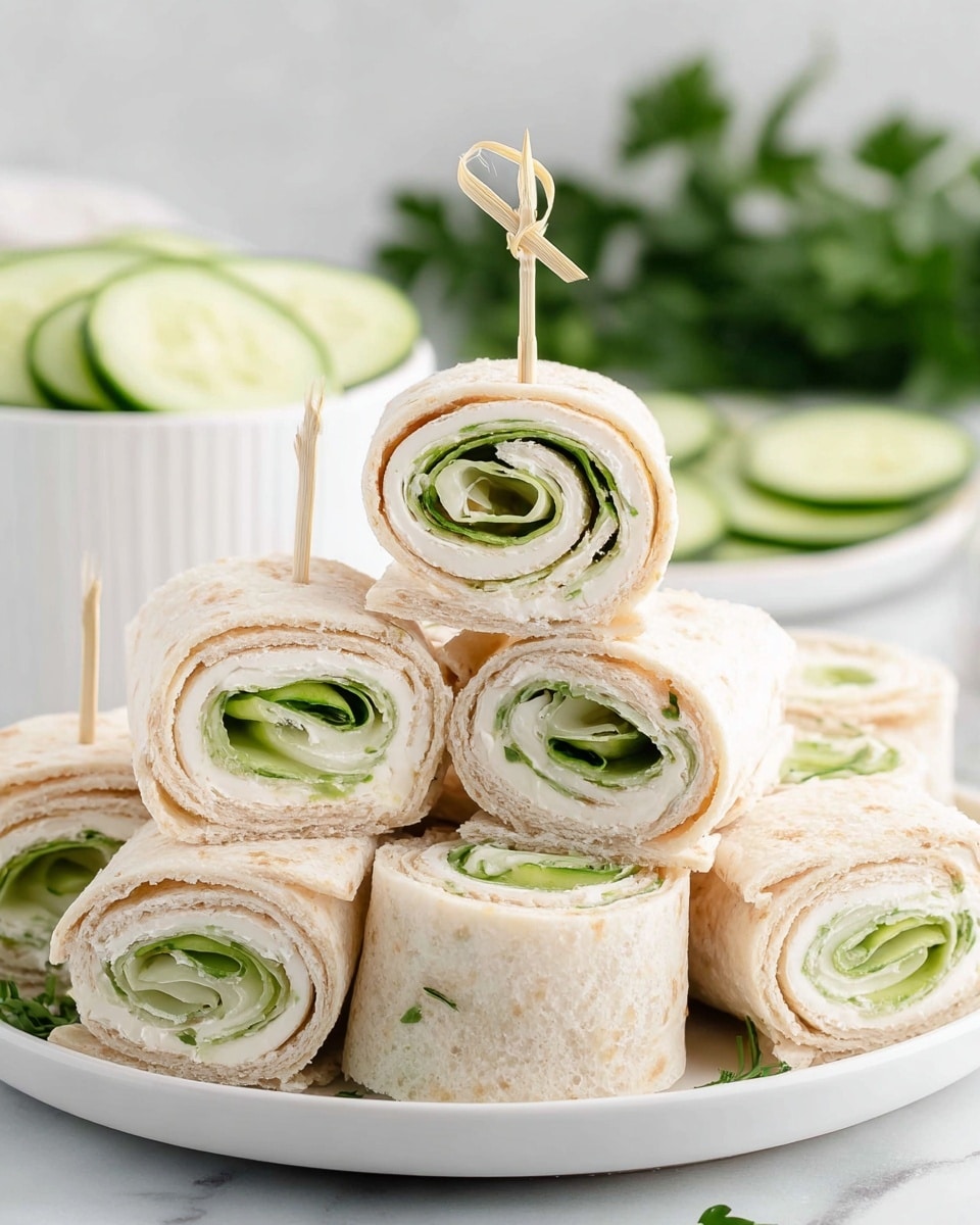 The image shows a white marbled surface with fresh ingredients for a simple dish. On the top right, there is a stack of four soft, pale beige flatbreads folded in half and placed neatly. To the left, two long, smooth dark green cucumbers lie next to each other with a fresh green sprig of dill above them. Near the center, there is a small white bowl filled with a speckled white and green powder. On the bottom right, a small white rectangular plate holds a rectangular block of white creamy cheese with a slightly textured top. The arrangement is clean and bright, highlighting the fresh ingredients. photo taken with an iphone --ar 4:5 --v 7