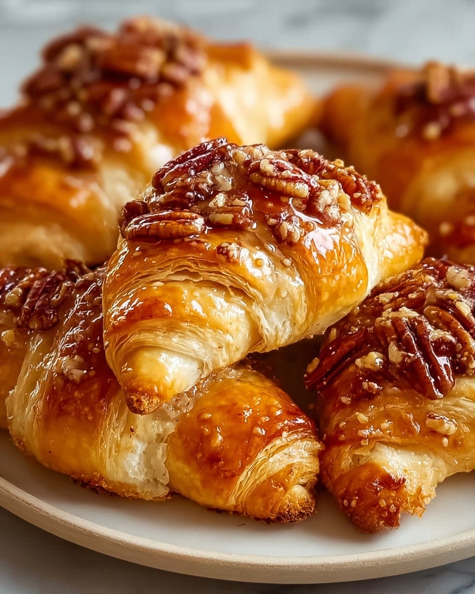 The image shows five golden brown croissants arranged closely on a white plate. Each croissant has a shiny, glazed surface with a rich honey-like color and visible layers of flaky pastry. On top of each croissant is a generous layer of chopped nuts, mostly pecans, that add texture and a darker brown color contrast. The croissants are sitting on a white marbled textured surface, enhancing the warm tones of the pastries. photo taken with an iphone --ar 4:5 --v 7