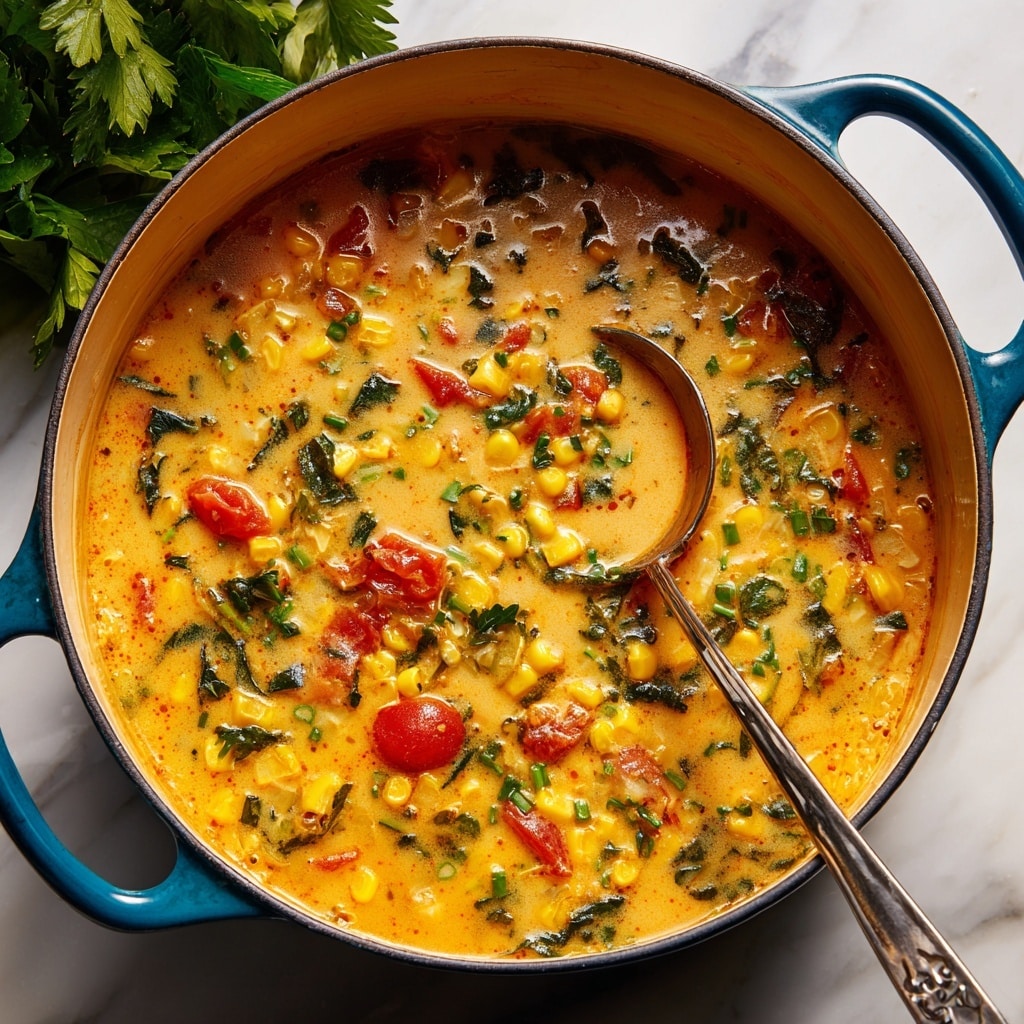 A thick soup in a large blue pot filled with creamy light orange broth. The soup has chunks of white and yellow potatoes, bright yellow corn kernels, small pieces of red tomatoes, and green chopped herbs and scallions scattered throughout. There are also bits of brown crispy bacon mixed in. A silver ladle rests inside the pot, partially submerged in the soup. The pot sits on a white marbled surface with green leafy herbs blurred in the background. photo taken with an iphone --ar 4:5 --v 7