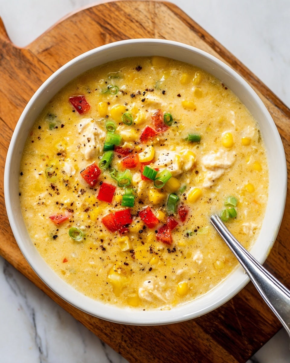 A creamy yellow soup fills a white bowl, showing a rich thick texture with visible corn kernels spread throughout. The soup is topped with small cubes of red bell pepper and chopped green onions scattered evenly, adding pops of color. Small chunks of white chicken pieces are mixed inside, visible beside the spoon that rests inside the bowl. The soup's surface is sprinkled with coarse black pepper, adding specks of dark contrast. The bowl sits on a wooden board with a white marbled surface around it. photo taken with an iphone --ar 4:5 --v 7