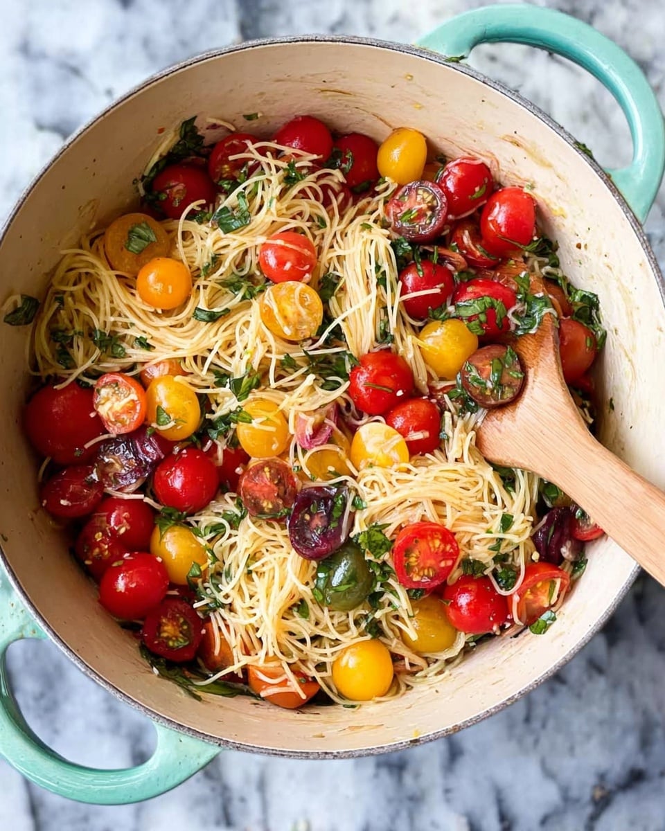 The image shows a white round pot filled with a colorful mix of thin angel hair pasta, bright red, yellow, and deep purple cherry tomatoes cut in halves and whole, and green leafy herbs scattered throughout. The pasta is light golden and sits mainly in the center and right side, while the tomatoes surround it, adding vibrant pops of color. A wooden spoon with a light brown handle is partially plunged into the pasta on the right side of the pot. The pot rests on a white marbled surface, and the pot has a light turquoise handle visible on the left side. Photo taken with an iphone --ar 4:5 --v 7