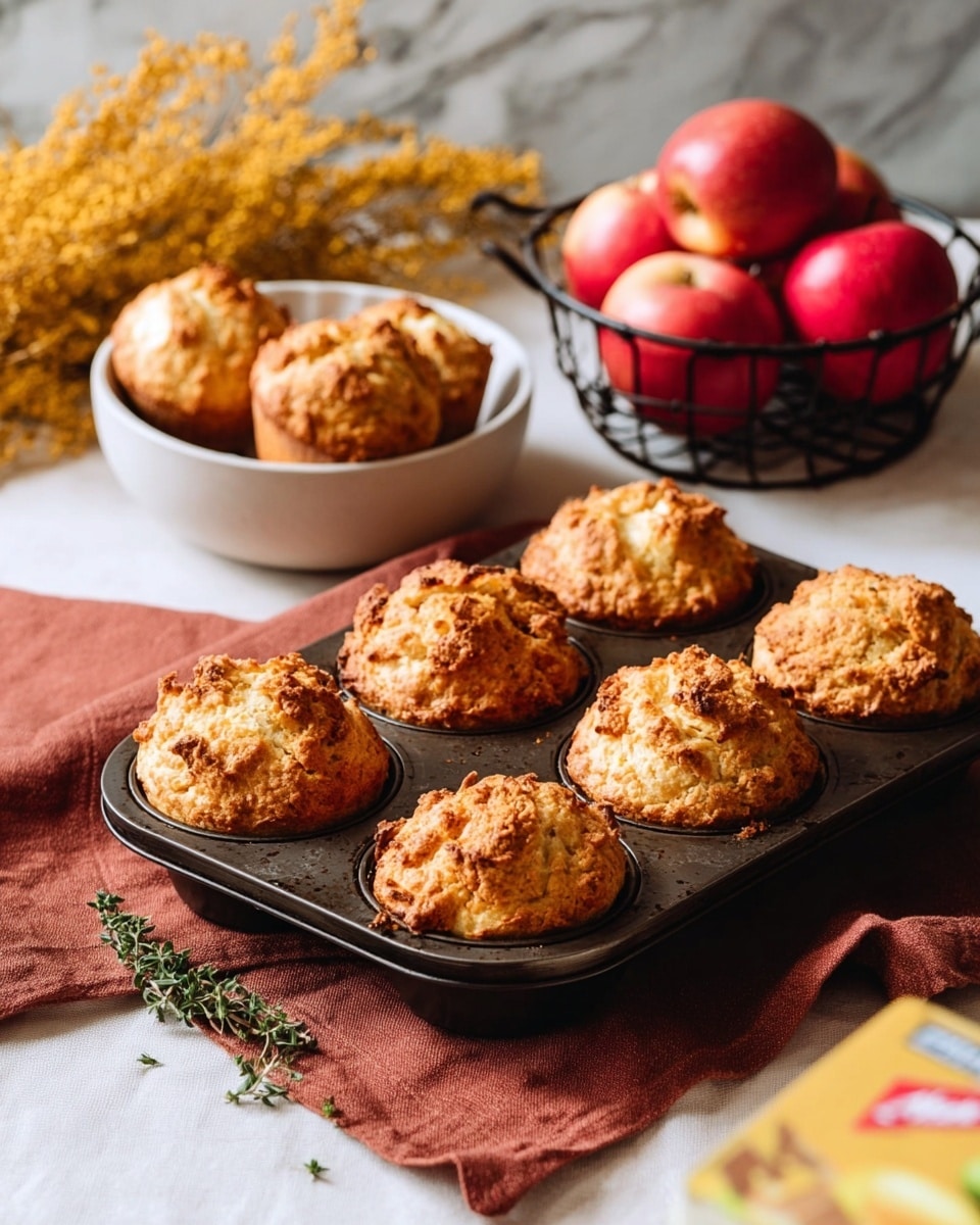 The image shows several small round biscuits with a rough, golden-brown crust, some broken open to reveal a soft, crumbly light beige inside. They are placed on brown parchment paper with a few sprigs of green herb scattered among them. Bright red apples with smooth skin are also placed around the biscuits, adding a contrast of color. The scene is set on a white marbled surface, giving a clean, fresh look to the arrangement. Photo taken with an iphone --ar 4:5 --v 7