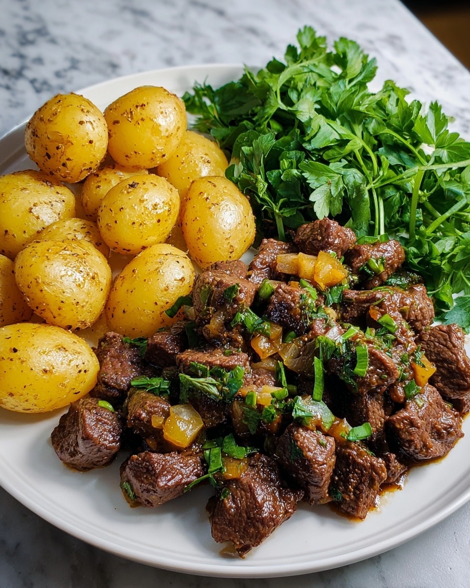 A white slow cooker filled with a stew consisting of three main layers: the first layer is dark brown chunks of beef scattered evenly, the second layer consists of golden yellow and light brown small potato halves placed around the beef, and the third layer is a rich, dark brown broth enveloping all the ingredients with visible small green herbs sprinkled on top. A wooden spoon with a feeling of rough texture is positioned in the upper right section, lifting a mix of beef and two potato halves, showing the stew's thickness. The entire scene rests on a white marbled surface with a red and white checkered cloth peeking in the bottom right corner. photo taken with an iphone --ar 4:5 --v 7