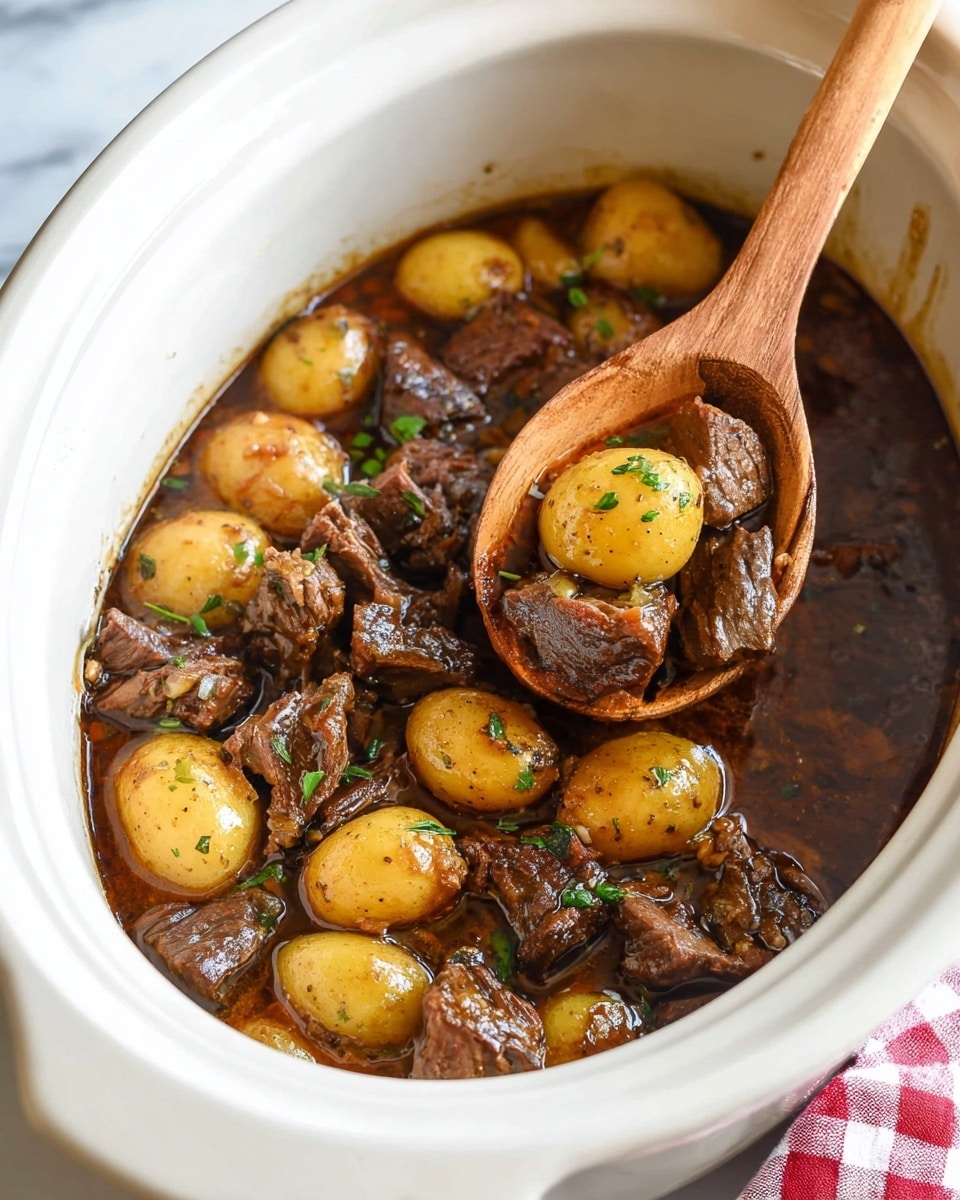 A white plate holds a meal with three main parts: small roasted golden potatoes with specks of black pepper on the left, a pile of dark brown, glossy cooked beef chunks mixed with small pieces of yellow onions and garnished with green herbs in the center and right, and a bunch of fresh bright green leafy parsley at the back. The beef pieces have a shiny, slightly oily texture, and the potatoes look soft with a lightly wrinkled skin. The plate sits on a white marbled surface. photo taken with an iphone --ar 4:5 --v 7
