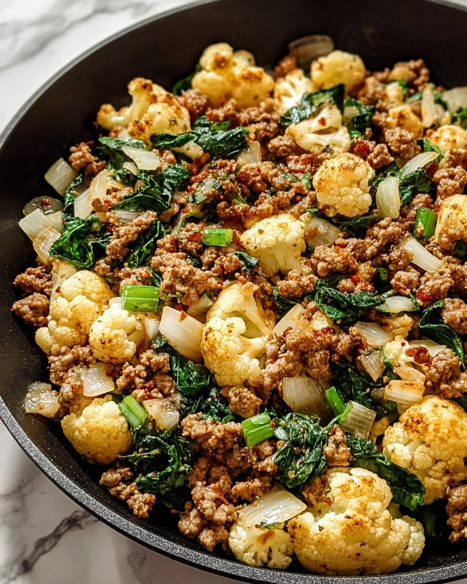 A close-up of a black skillet filled with cooked ground meat and cauliflower florets mixed with chopped green leafy vegetables and small white onion pieces; the dish shows a mix of light golden-yellow cauliflower pieces, brown seasoned ground meat, bright green leafy bits, and semi-transparent onion chunks scattered evenly throughout. The background is a white marbled texture. photo taken with an iphone --ar 4:5 --v 7
