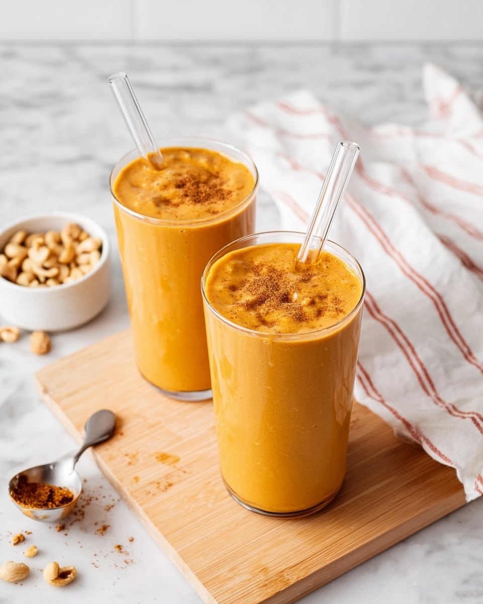 Two tall clear glasses filled with a thick orange smoothie sit on a light wooden board. The surface of the smoothie is smooth with a light sprinkle of brown spice on top of each glass. Clear straws are placed in the center of each drink. The board rests on a white marbled surface with small pieces of nuts scattered nearby. To the left, a small white bowl with more nuts and a small metal spoon with a dark brown spice inside can be seen. A white cloth with thin red stripes lies casually in the background. Photo taken with an iphone --ar 4:5 --v 7