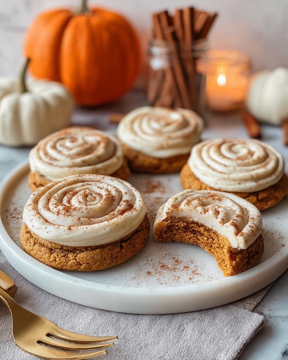 Five soft round cookies sit on a round white plate with a few cinnamon powder sprinkles. Each cookie has two layers: the bottom layer is a thick, textured light brown cookie base, and the top layer is a thick, creamy white icing swirled in a spiral pattern with a light dusting of cinnamon powder on top. One cookie in the front right has a bite taken out showing its soft inside. The background has an orange pumpkin, white pumpkin, cinnamon sticks, a glass jar with cinnamon powder, a lit candle and a gold fork on a light grey cloth over a white marbled surface. photo taken with an iphone --ar 4:5 --v 7