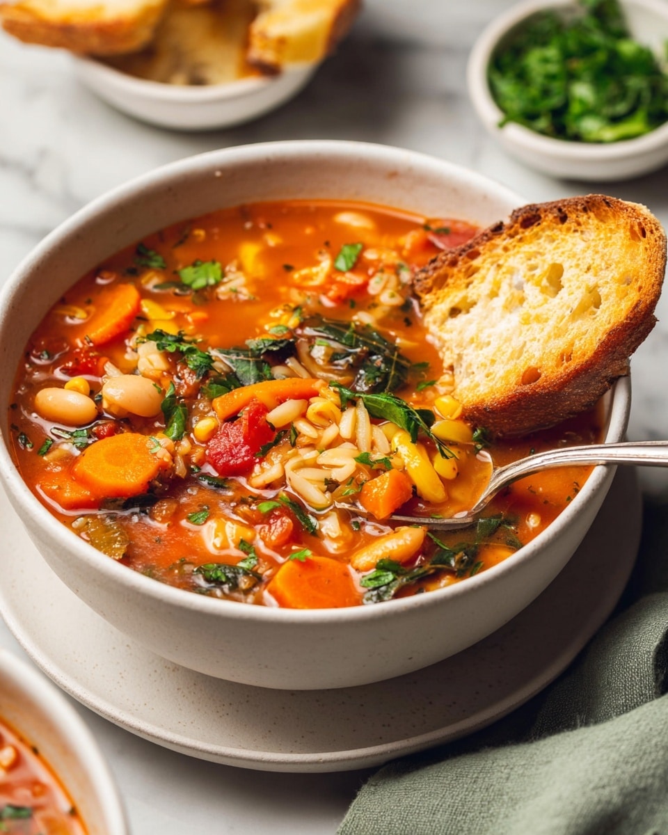 A white bowl filled with a vegetable soup sitting on a white marbled surface with a gray checkered cloth underneath. The soup has several visible layers: a clear red broth base mixed with small grains or rice at the bottom, followed by chunks of orange carrots, green zucchini slices, red tomatoes, and bits of green leafy vegetables scattered throughout. A silver spoon rests inside the bowl, with a woman's hand holding it from the right side. In the background, there is another white bowl with more vegetables and a small white cup with rice, all placed on the same white marbled surface. Photo taken with an iphone --ar 4:5 --v 7