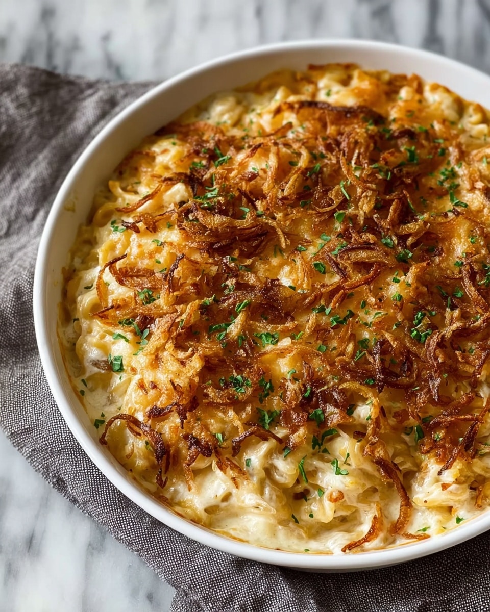 A white plate holds a creamy orzo pasta dish with tender pieces of chicken mixed throughout. The orzo is coated in a rich, light beige sauce giving it a smooth texture. On top, there is a layer of golden brown crispy fried onions adding crunch and contrast. Small bits of green herbs are sprinkled over the dish for a fresh touch. In the background, a white baking dish filled with more of the orzo chicken mixture is slightly blurred. A silver fork is placed beside the food on the plate, all set on a white marbled surface. Photo taken with an iphone --ar 4:5 --v 7
