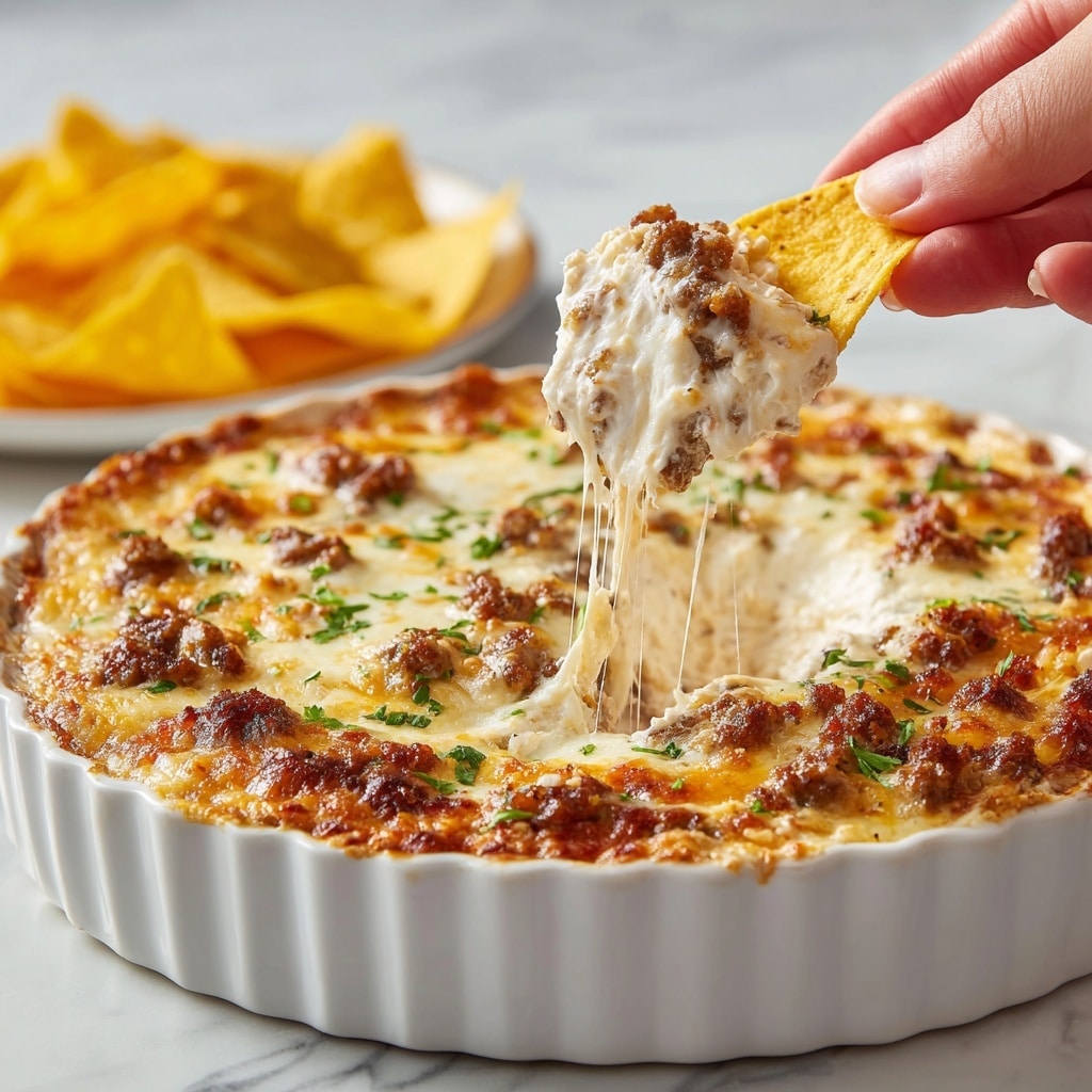 A close-up of a baked dip in a white fluted ceramic dish, showing three main layers: a creamy pale layer mixed with small browned meat bits topped by melted, golden-brown cheese with crispy edges, all sprinkled with small pieces of green herbs and crispy bacon bits. A woman's hand is lifting a portion on a yellow chip, pulling thin cheese strands, with more yellow chips blurred in the background, set on a white marbled surface. photo taken with an iphone --ar 4:5 --v 7