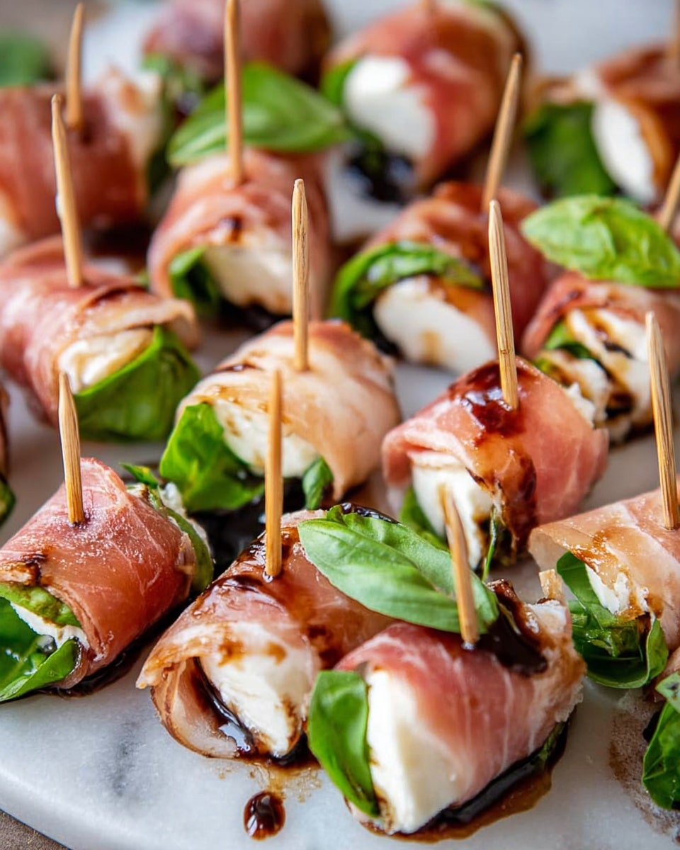A round wooden tray is filled with several pieces of stuffed jalapeño peppers wrapped in crispy bacon, each secured with a wooden skewer. The jalapeños show a deep green color with some light charring, and the bacon around them is golden brown with crispy edges. White creamy filling peeks from the sides of the peppers. Around the tray, there are small crackers and fresh herbs for garnish, placed on a white marbled surface. A woman's hand is holding one skewer above the tray. Photo taken with an iphone --ar 4:5 --v 7