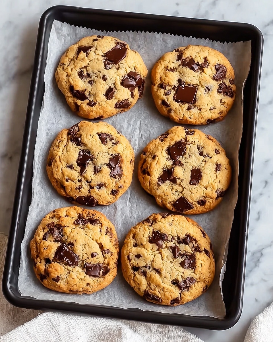 The image shows six freshly baked chocolate chip cookies on parchment paper inside a black baking tray. Each cookie is golden brown with a slightly crisp outside and soft-looking texture, studded with melted dark chocolate chunks scattered unevenly. The cookies are round but with irregular edges, and they are spaced evenly across the tray. The scene is set on a white marbled surface with part of a white cloth visible at the corner. photo taken with an iphone --ar 4:5 --v 7