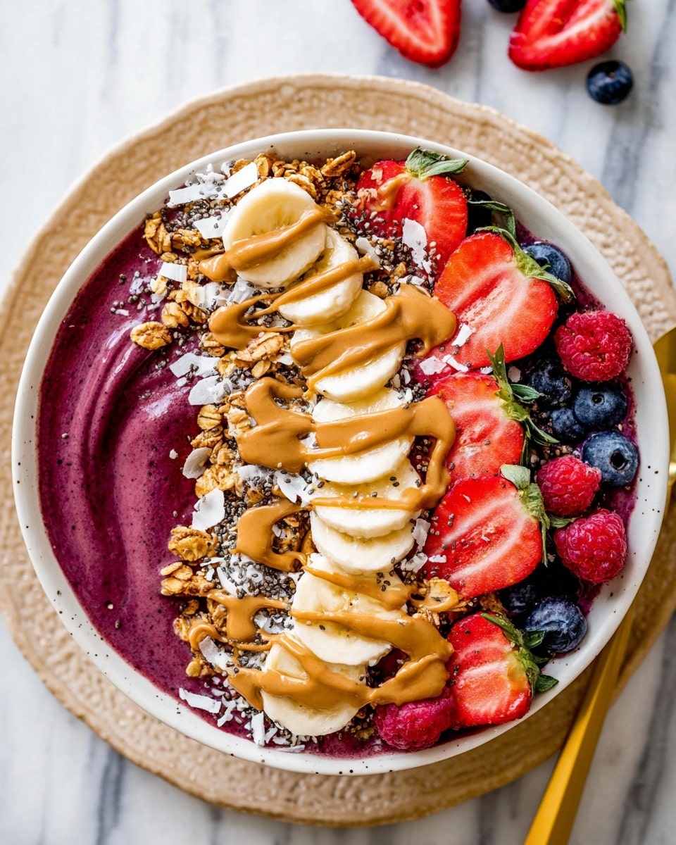 A white bowl filled with a smooth, thick purple smoothie base, topped with a neat line of halved red strawberries, whole dark blue blueberries, bright red raspberries, and a sprinkle of golden brown granola mixed with white coconut flakes and light beige banana slices. The toppings create a colorful and textured layer on top of the purple smoothie. A gold spoon holds a scoop of the purple smoothie with a blueberry on it in the foreground. The bowl sits on a golden plate on a white marbled surface, with a few strawberries scattered around. Photo taken with an iphone --ar 4:5 --v 7