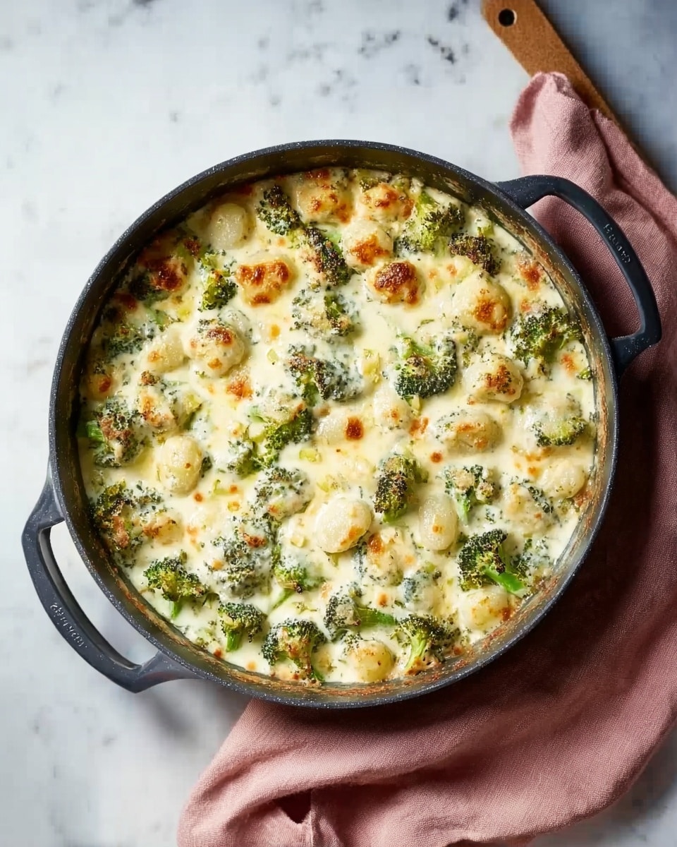 A large black pan filled with a creamy, baked dish that has visible pieces of green broccoli and small round gnocchi scattered throughout. The top layer is golden brown in spots, showing melted cheese or sauce that bubbles slightly. The pan has two handles and rests on a white marbled surface with a soft pink cloth nearby. The dish looks rich and comforting with a mix of green, creamy white, and light golden colors. Photo taken with an iphone --ar 4:5 --v 7