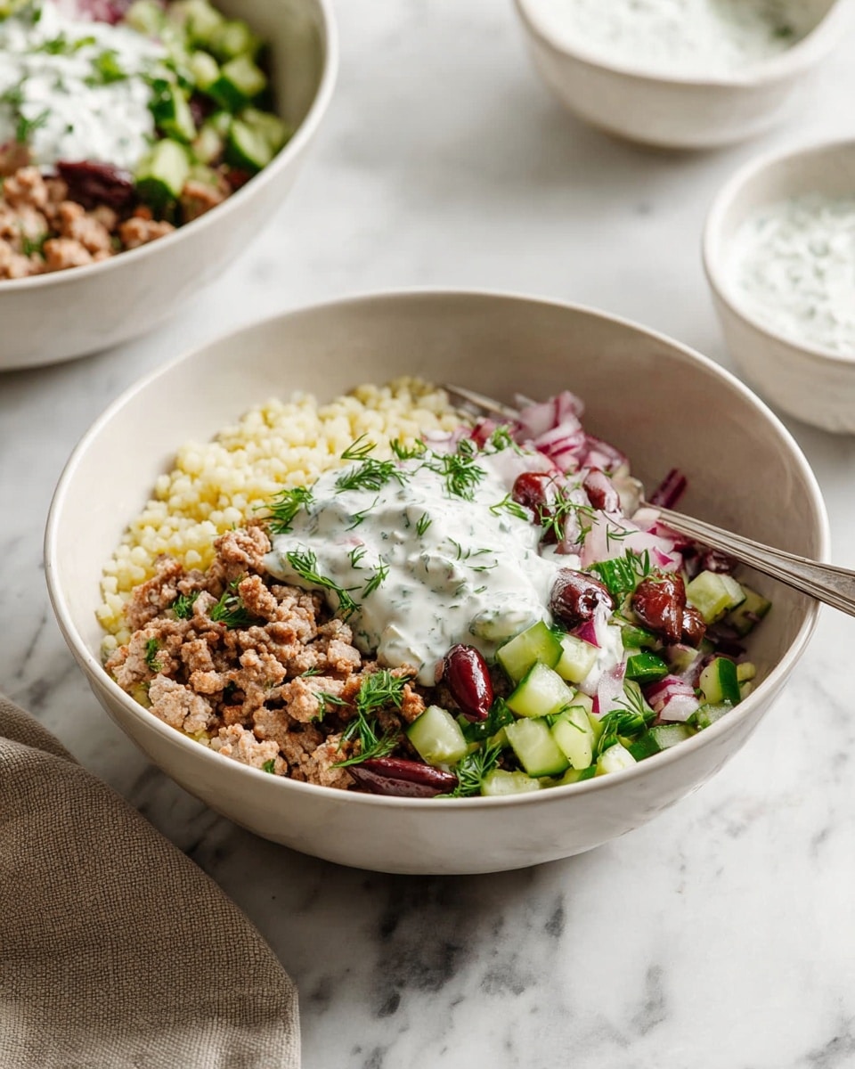A white bowl holds a layered dish with three main parts: on the left, a light brown ground meat mixture with small green herb bits; on the right, pale yellow finely chopped cauliflower rice; and in the center, a colorful mix of diced green cucumbers, dark purple olives, and small red onion pieces topped with a creamy white sauce with small green herb flecks. Some green dill sprigs are scattered on top and around the bowl, which sits on a white marbled surface. photo taken with an iphone --ar 4:5 --v 7