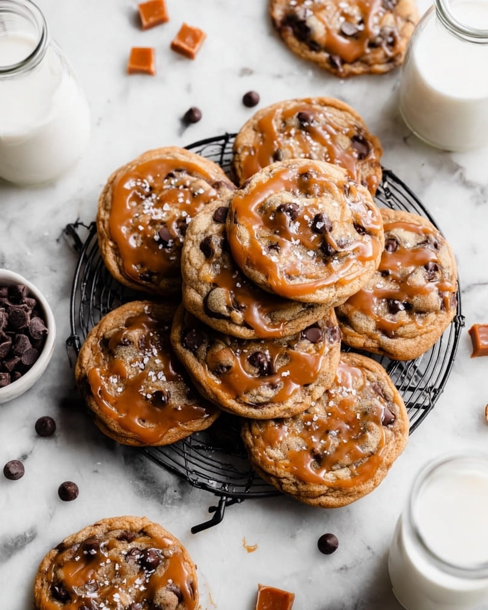 A stack of four thick chocolate chip cookies is placed at the center of the image on a white marbled surface, with one cookie on top partially broken, revealing gooey, melted caramel and dark chocolate chunks inside. The cookies have a golden brown texture with visible melted chocolate pieces embedded throughout, and some salt flakes sprinkled on top. In the background, there is a blurred white bottle and more cookies, all set against a dark backdrop. photo taken with an iphone --ar 4:5 --v 7