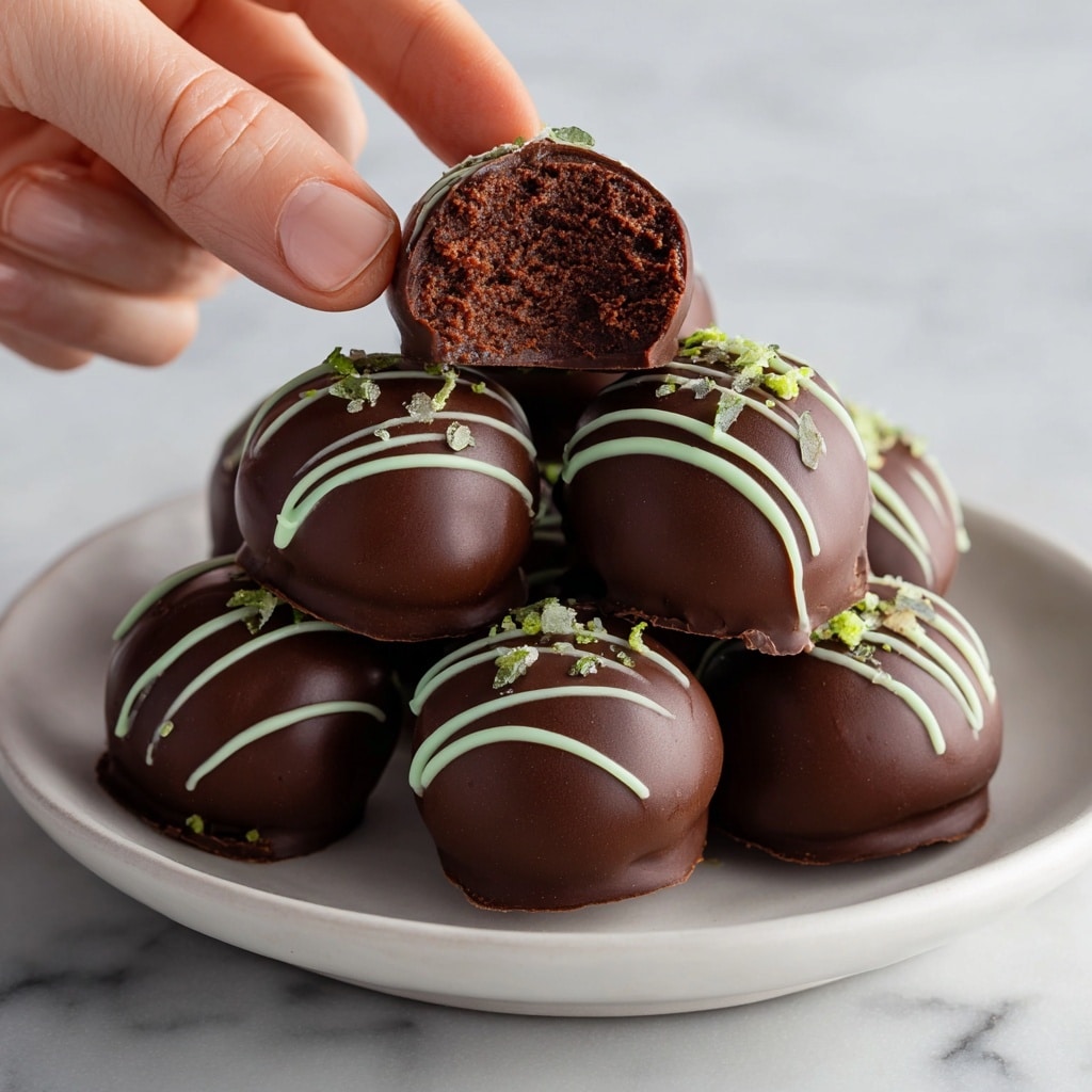 The image shows several round chocolate truffles placed on a white marbled surface. Each truffle is coated in smooth dark brown chocolate and decorated on top with thin, light green stripes of icing that run across horizontally. The surface also has extra light green icing drizzled randomly around the truffles in thin lines and small dots. The truffles are arranged in a loose pattern with space between each ball, highlighting their glossy, rich texture. photo taken with an iphone --ar 4:5 --v 7