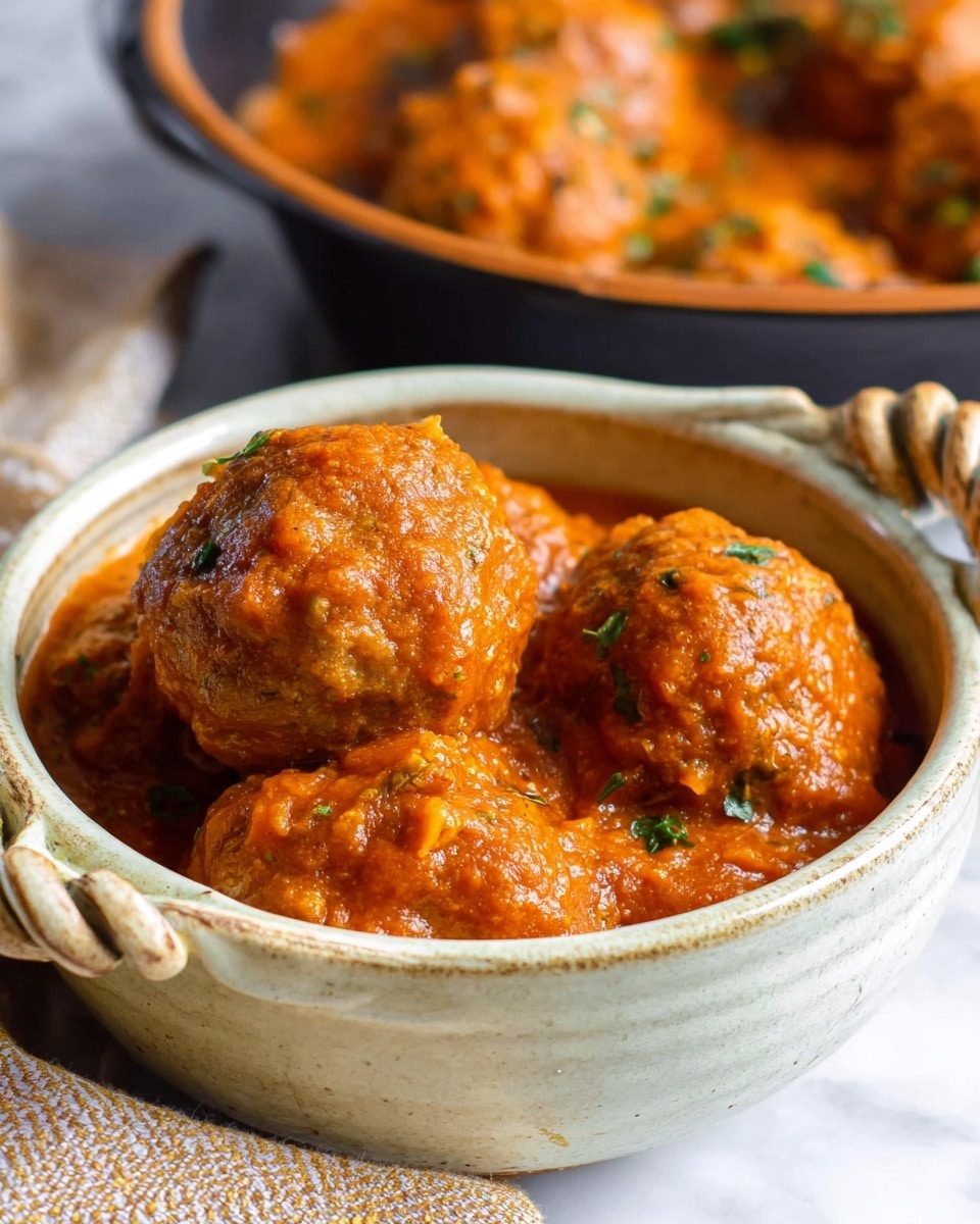 A close-up view of a white bowl filled with four round meatballs covered in thick, rich orange-red tomato sauce with small bits of herbs and vegetables visible, the sauce having a textured, slightly chunky look. The bowl has a rustic feel with a twisted handle on one side, and the background consists of a soft, white marbled surface with a blurred second bowl in the background containing more meatballs and sauce. photo taken with an iphone --ar 4:5 --v 7