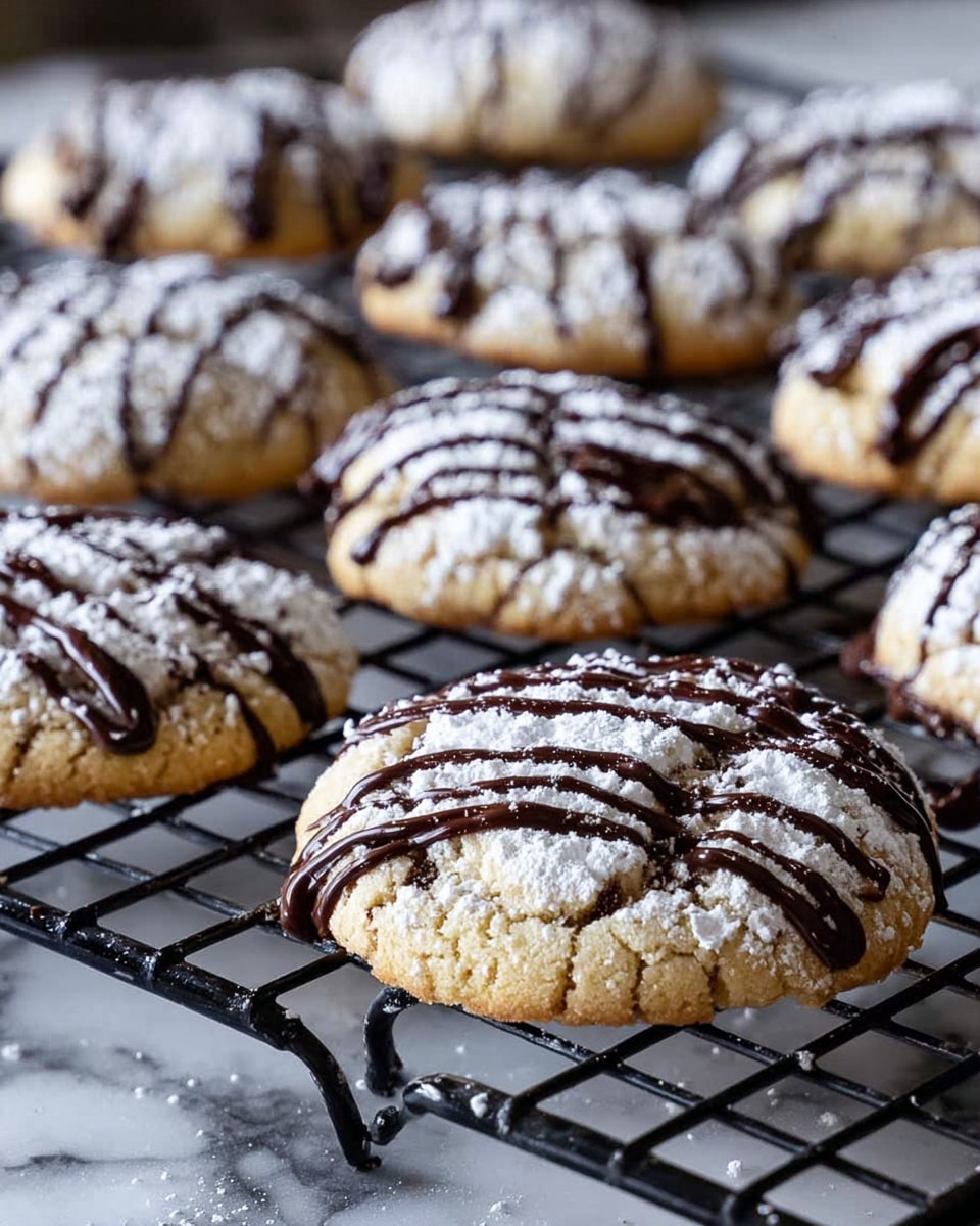 The image shows several round cookies arranged on a black wire cooling rack placed over a white marbled surface. Each cookie has a light golden-brown base dusted generously with white powdered sugar. Across the top of each cookie, there are random thin lines and drizzles of dark chocolate, creating a contrasting texture and color. The background is softly blurred, focusing on the detailed texture of the cookies and the shiny chocolate drizzle. Photo taken with an iphone --ar 4:5 --v 7
