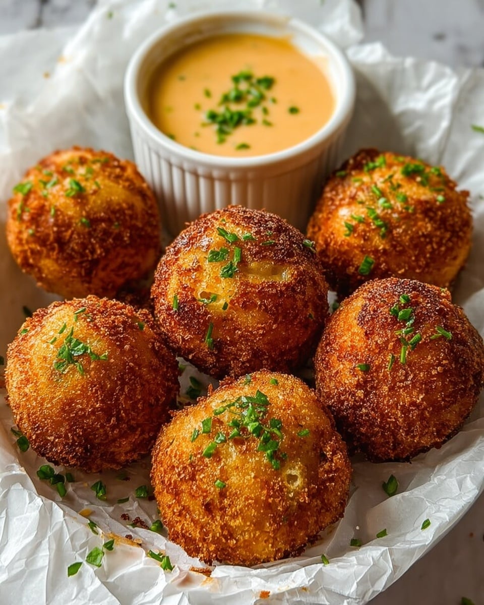 Six golden brown fried balls with a rough, crispy texture and small green herb pieces sprinkled on top are arranged on white crumpled paper. They are placed in a white round shallow bowl, which sits on a white marbled surface. Behind the balls, there is a white ceramic ramekin filled with a smooth, light orange dipping sauce topped with a small amount of chopped green herbs. Photo taken with an iphone --ar 4:5 --v 7