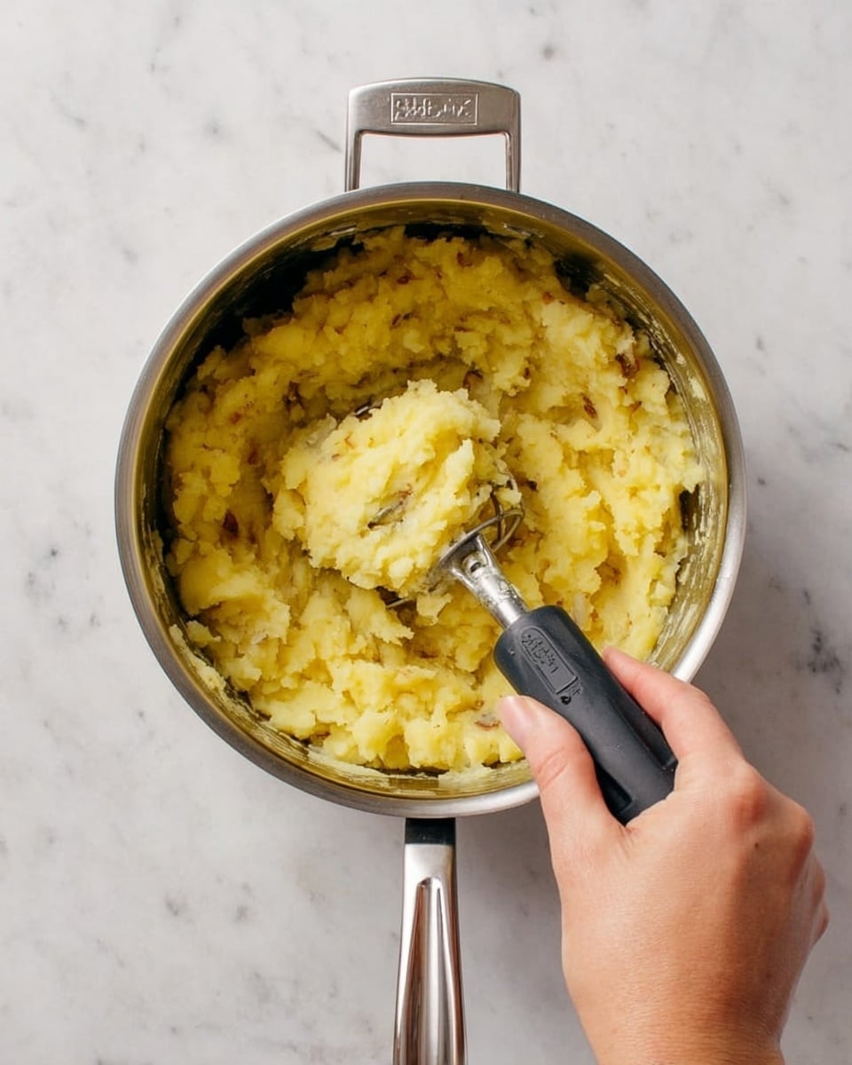 A round white dish filled with a thick, creamy layer of pale yellow mashed potatoes, which has smooth, soft swirls on the surface. On top, there are two small pieces of melting butter near the center, and a small bunch of fresh green rosemary placed slightly off-center to the left. The dish rests on a dark plate against a white marbled textured surface. Photo taken with an iphone --ar 4:5 --v 7