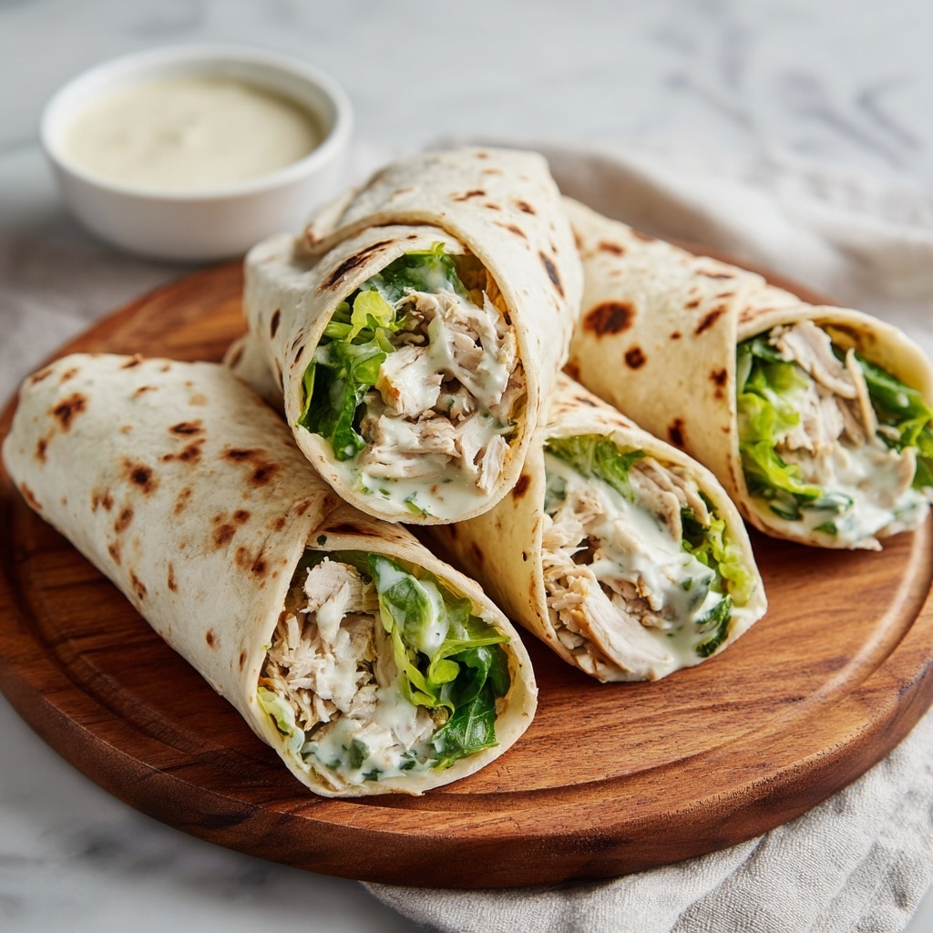 Two wraps lie side by side on a round wooden board set on a white marbled surface. Each wrap has a light beige tortilla with small brown toasted spots, folded around layers of fresh, bright green lettuce at the bottom, soft shredded white chicken pieces in the middle, and specks of herbs and creamy white sauce drizzled throughout. The wraps are cut diagonally to show the fillings inside clearly. In the back, there is a small white bowl with a creamy pale sauce, slightly blurred, and a soft white cloth napkin is partially seen around the board. Photo taken with an iphone --ar 4:5 --v 7