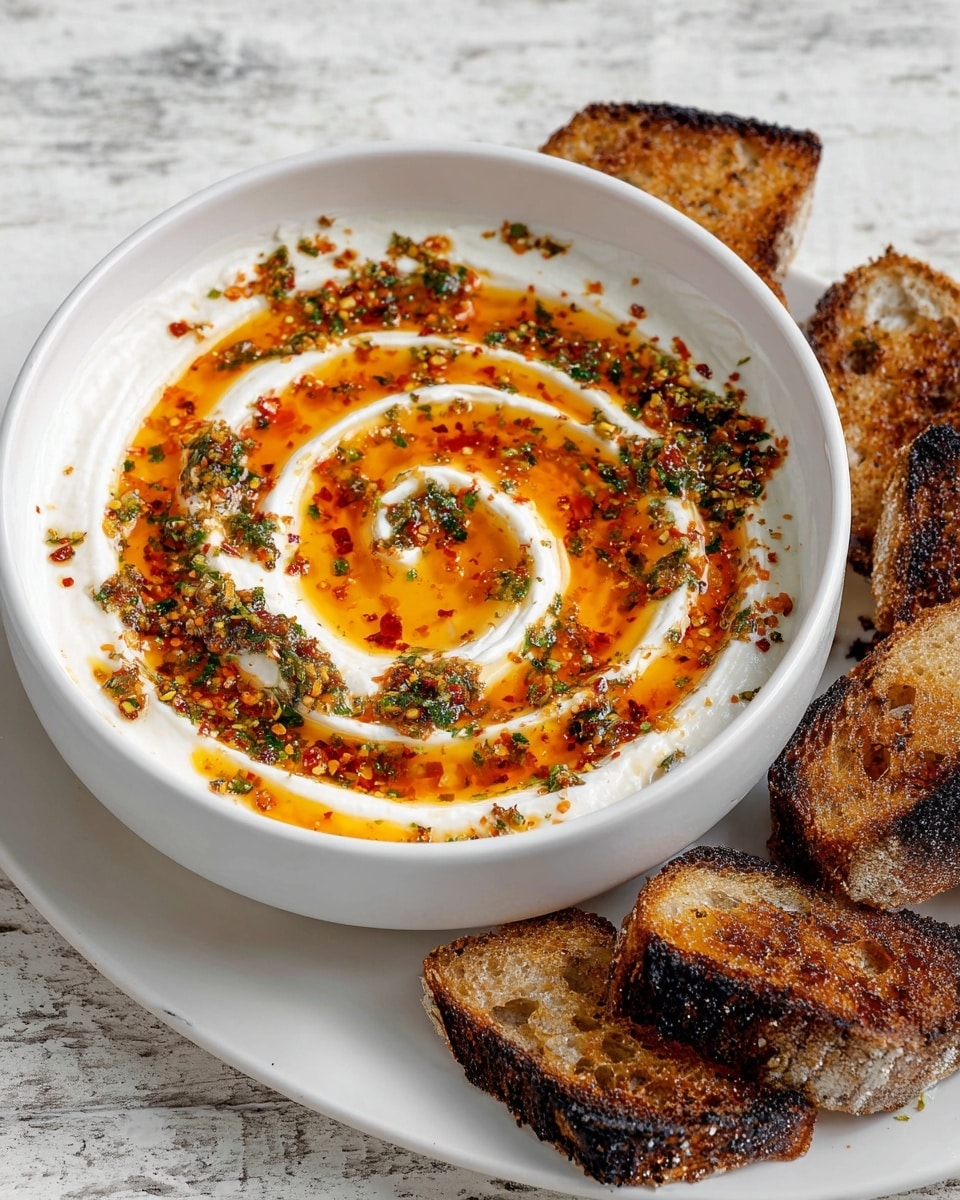 The image shows several pieces of golden toasted bread, each with a thick, rough texture and crispy edges. On top of each toast is a generous layer of white, creamy cheese spread unevenly. The cheese is drizzled with amber-colored honey and sprinkled with small red chili flakes and fresh green herb leaves, likely thyme. The pieces of toast are arranged on a wooden board, and a woman's hand is holding the board from below. In the blurred background, there is a honey dipper and a white marbled surface. photo taken with an iphone --ar 4:5 --v 7