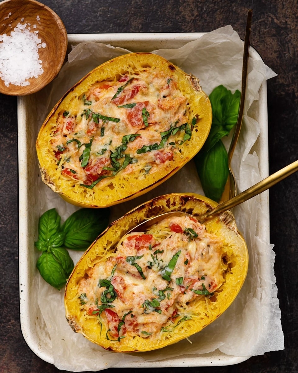 The image shows two halves of a spaghetti squash filled with three main layers: the outer golden-yellow squash shell, a layer of shredded cooked squash inside, and a creamy, pinkish-orange sauce mixed with red cherry tomatoes and green spinach on top. The edges of the squash are slightly browned, and fresh spinach leaves surround the squash on crumpled brown parchment paper. A gold spoon is scooping some of the creamy filling inside one squash half. The dish sits on a white rectangular tray on a white marbled surface. photo taken with an iphone --ar 4:5 --v 7