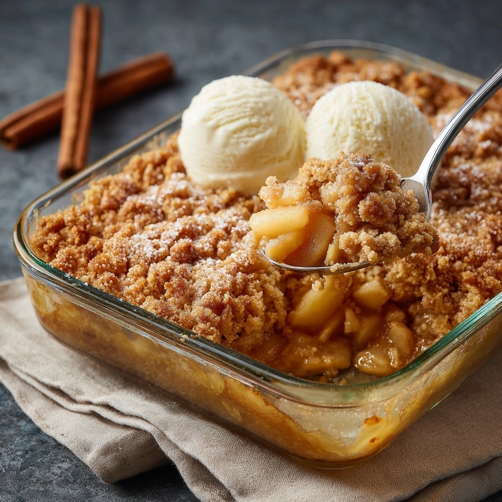A white bowl holds a warm dessert with two main layers: a golden brown crumbly top layer dusted with sugar and cinnamon, and a soft, gooey caramel-colored fruit filling underneath, possibly apple. Next to the dessert, there are two scoops of white vanilla ice cream slightly melting against the warm dessert. A silver spoon lifts a scoop of the dessert, showing the crumbly top and syrupy texture below. The bowl sits on a dark textured surface with a light beige cloth in the background and two cinnamon sticks nearby. photo taken with an iphone --ar 4:5 --v 7