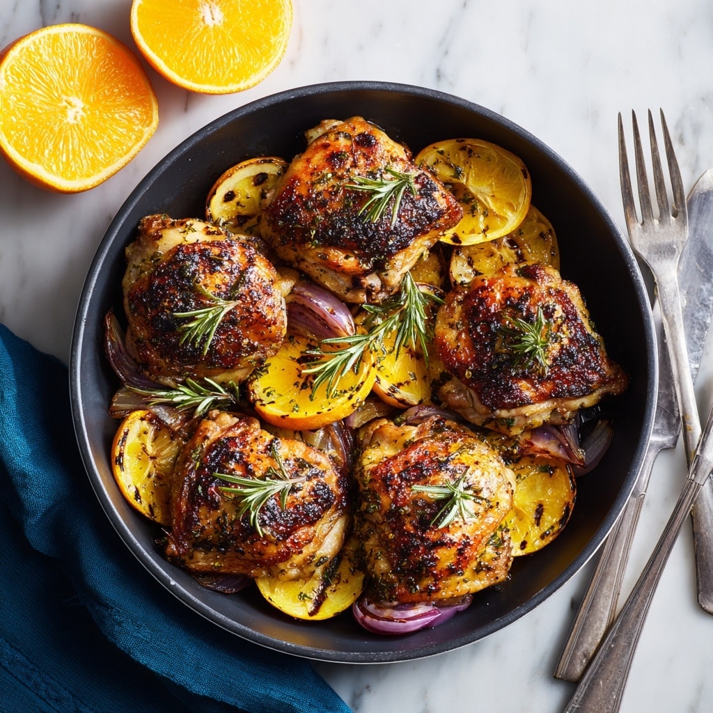 The image shows a close-up view of a black skillet filled with grilled chicken thighs that have golden-brown crispy skin, each topped with a small green rosemary sprig. Beneath the chicken, there are bright yellow grilled orange slices with char marks, scattered whole garlic cloves, and pieces of purple onion visible around the edges. The skillet sits on a white marbled surface with a dark blue cloth napkin nearby, alongside two silver forks. Halved fresh oranges with vibrant orange flesh are placed on the surface next to the skillet. photo taken with an iphone --ar 4:5 --v 7