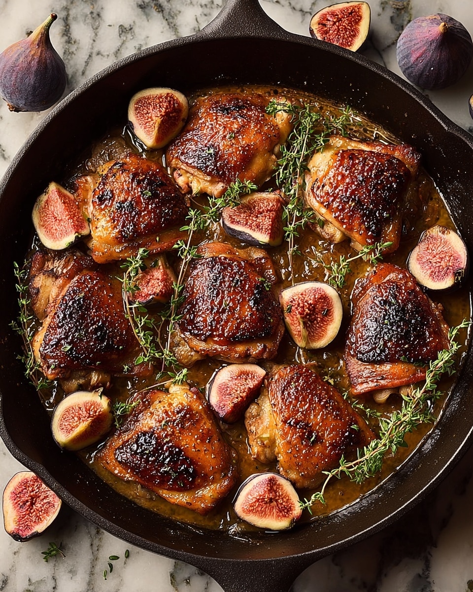 A black cast iron skillet sits on a white marbled surface, filled with six browned and slightly charred chicken thighs, each showing a crispy texture and deep golden-brown color. Around and between the chicken pieces are halved fresh figs, showing their soft, pink inner flesh with tiny seeds and dark purple outer skin. Small green sprigs of fresh thyme rest on top of the chicken and figs, adding a touch of green freshness. The skillet holds a shallow layer of glistening flavorful sauce that reflects light. A few whole figs are placed casually around the skillet on the white marbled surface. photo taken with an iphone --ar 4:5 --v 7