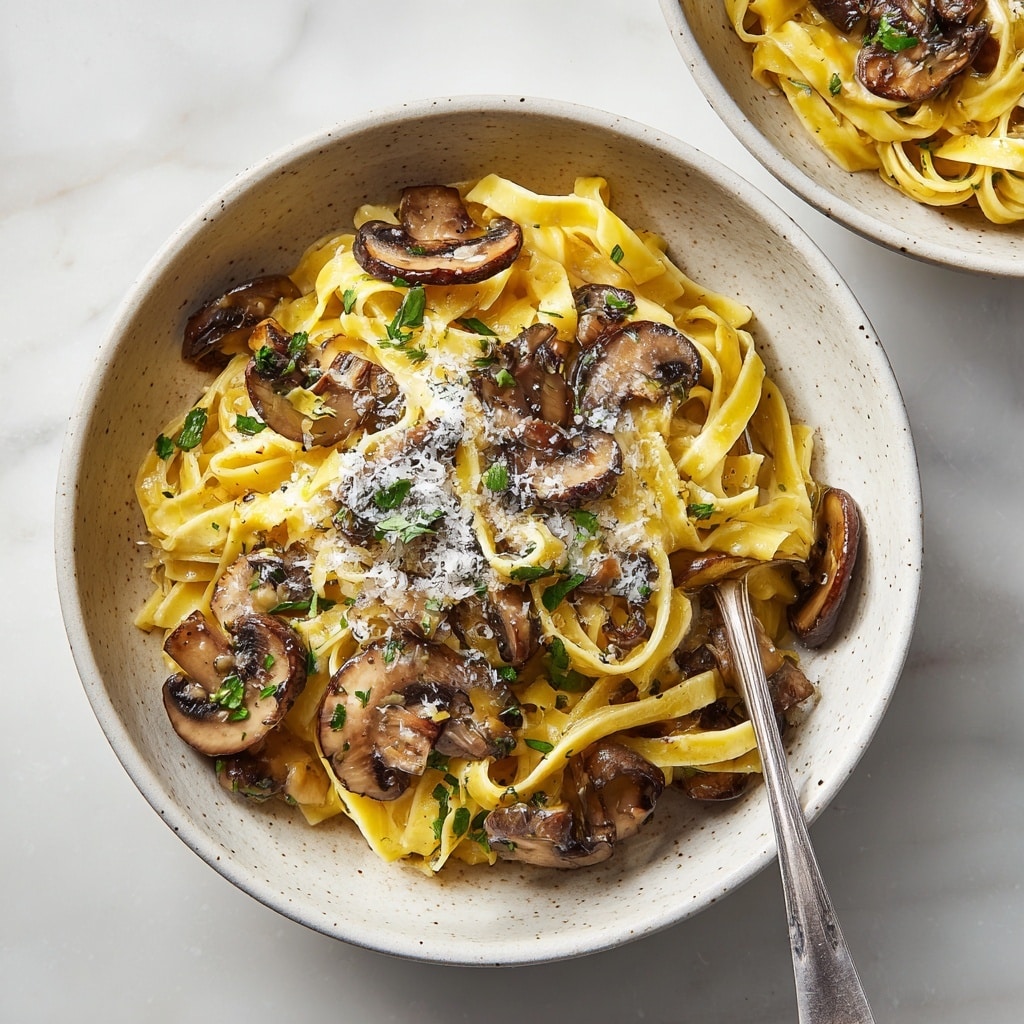 A white speckled bowl is filled with a creamy pasta dish with about three to four layers of fettuccine noodles twisted together forming the base layer, showing a silky yellow color. Scattered on top are several sautéed mushroom slices with a rich brown and creamy white look, creating the second layer. The third layer is a light sprinkling of finely grated white cheese, slightly melted and finely textured, spread over the mushrooms and noodles. Small pieces of green herbs are sprinkled on top as the last layer, giving a fresh contrast. A silver fork is placed inside the bowl on the right side, partially resting on the pasta. The bowl sits on a white marbled surface. photo taken with an iphone --ar 4:5 --v 7