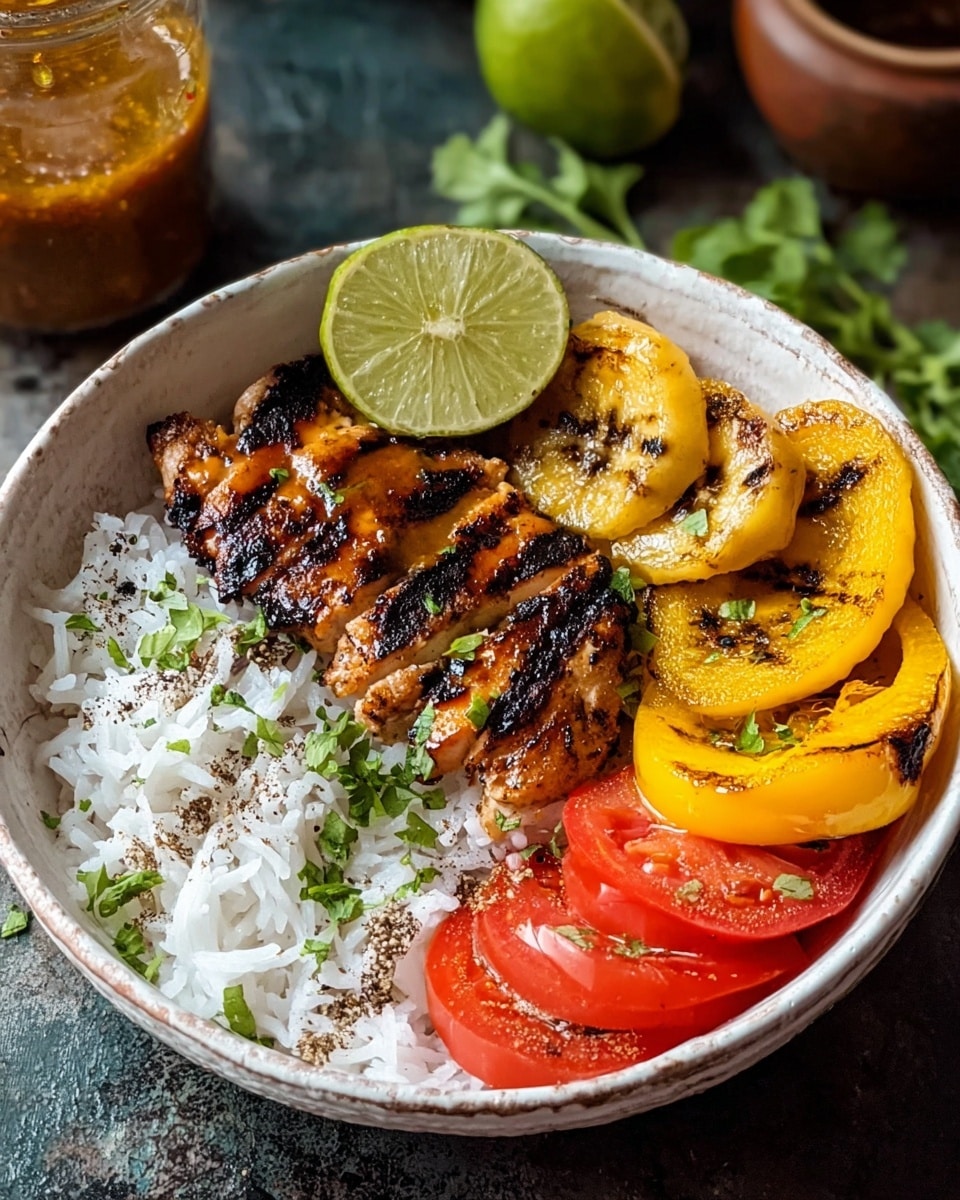A white bowl filled with a meal showing five main layers: a base layer of fluffy white rice sprinkled with black pepper and small green herb pieces, grilled yellow banana slices arranged in a semicircle next to the rice, a thick layer of grilled chicken with dark brown char marks and a shiny glaze placed on top of the rice and banana, fresh sliced red tomatoes with small green herb pieces on one side, and bright yellow grilled bell pepper slices with dark grill marks on the opposite side of the tomatoes. A lime cut into halves and wedges sits on the edge near the rice, and fresh green parsley leaves are scattered on top. The bowl is on a dark surface with a glass jar of sauce nearby. Photo taken with an iphone --ar 4:5 --v 7