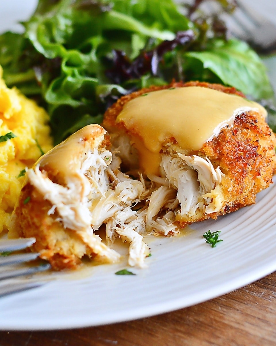 A close-up of a white plate with a breaded crab cake cut open to show shredded white crab meat inside, topped with a smooth, light yellow sauce. The crab cake has a golden brown crispy outer layer and a moist, flaky inner layer. To the left side of the plate, there are fresh green salad leaves and a small portion of yellow scrambled eggs in soft texture. The plate rests on a wooden surface. photo taken with an iphone --ar 4:5 --v 7