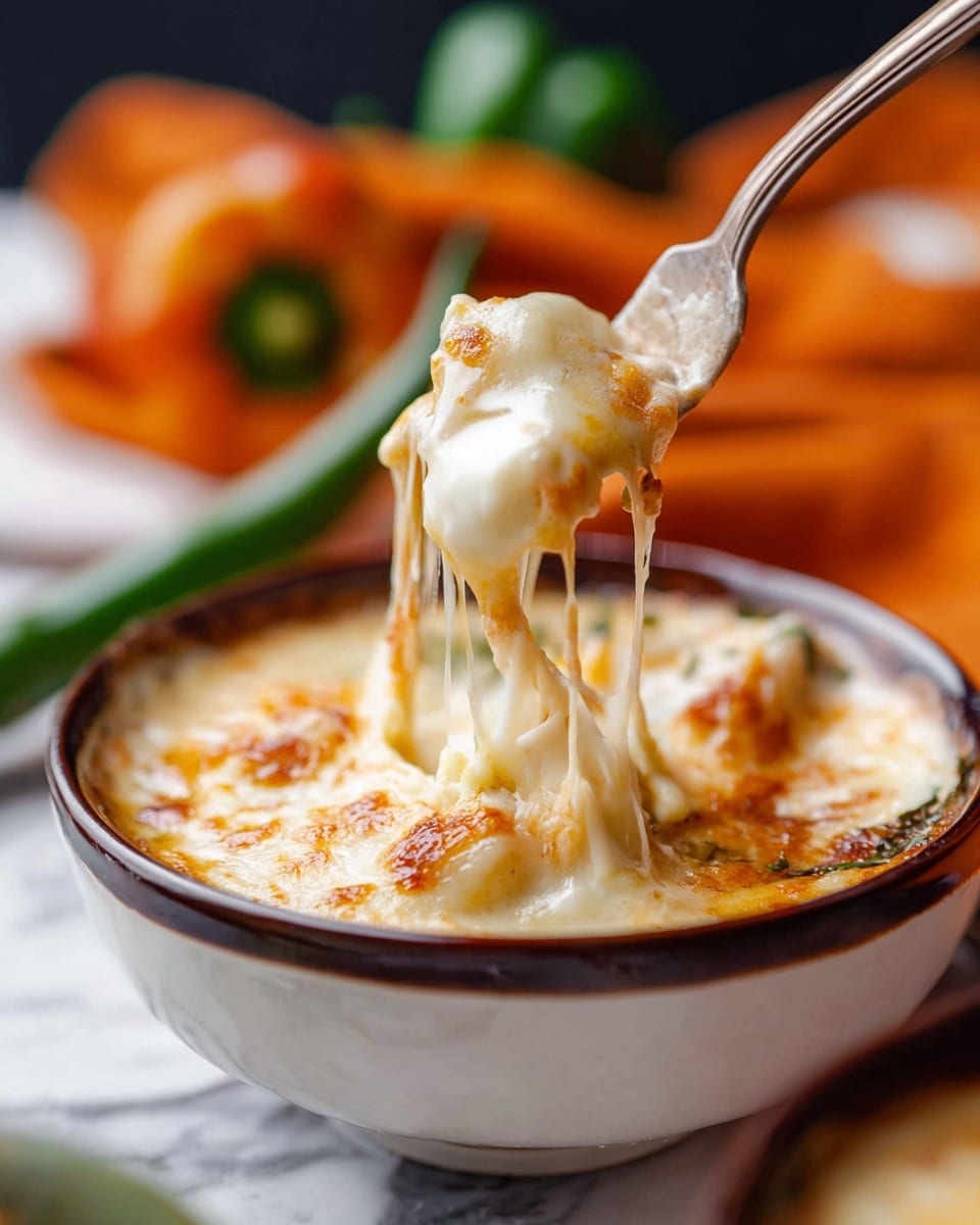The image shows two brown glazed ceramic bowls filled with a creamy dish that has a slightly browned, bubbly cheese layer on top. The bowls sit on a silver baking sheet placed on a white marbled surface. The creamy layer inside the bowls is pale yellow with patches of golden brown melted cheese, giving a textured, slightly uneven top. On the right side of the image, three silver spoons rest next to the bowls, reflecting light on their polished surfaces. photo taken with an iphone --ar 4:5 --v 7