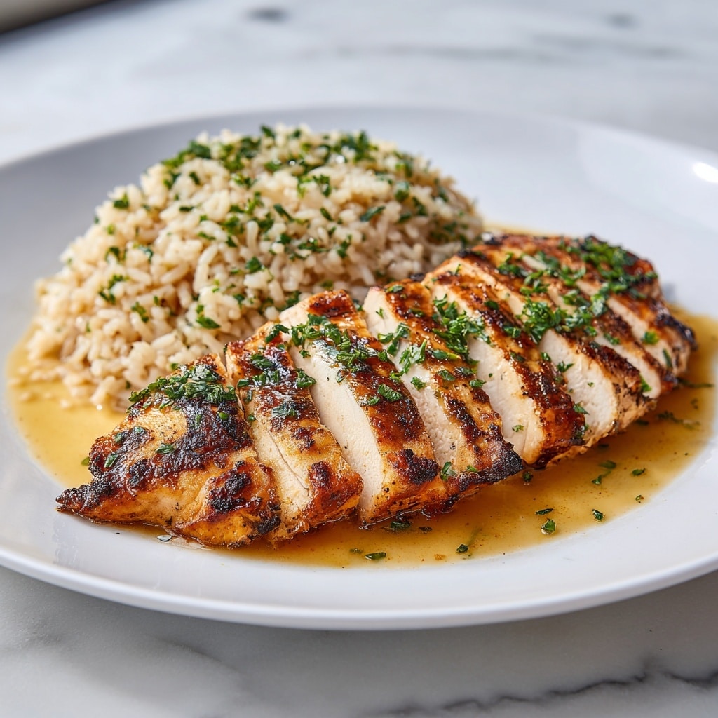 A white plate holds a piece of golden-brown seared chicken breast at the center, topped with a glossy, creamy yellow sauce speckled with chopped green herbs and small red peppercorns. The chicken looks juicy with a slightly crispy texture on top. Behind the chicken, there are small, browned roasted potato cubes and a bunch of fresh, green beans. The plate sits on a white marbled surface. photo taken with an iphone --ar 4:5 --v 7