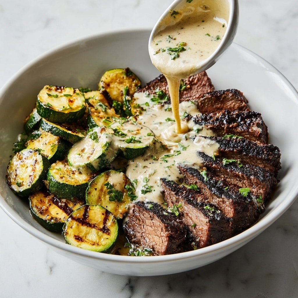 A white bowl filled with grilled steak slices arranged on one side, showing a dark brown, charred crust with pinkish interior, next to golden-brown grilled zucchini pieces with light grill marks. A creamy sauce with visible green herbs and a thick texture is being poured from a white ceramic spoon over the center of the steak and zucchini. The overall colors are rich with dark browns, golden greens, and creamy whites. The bowl sits on a white marbled surface. Photo taken with an iphone --ar 4:5 --v 7