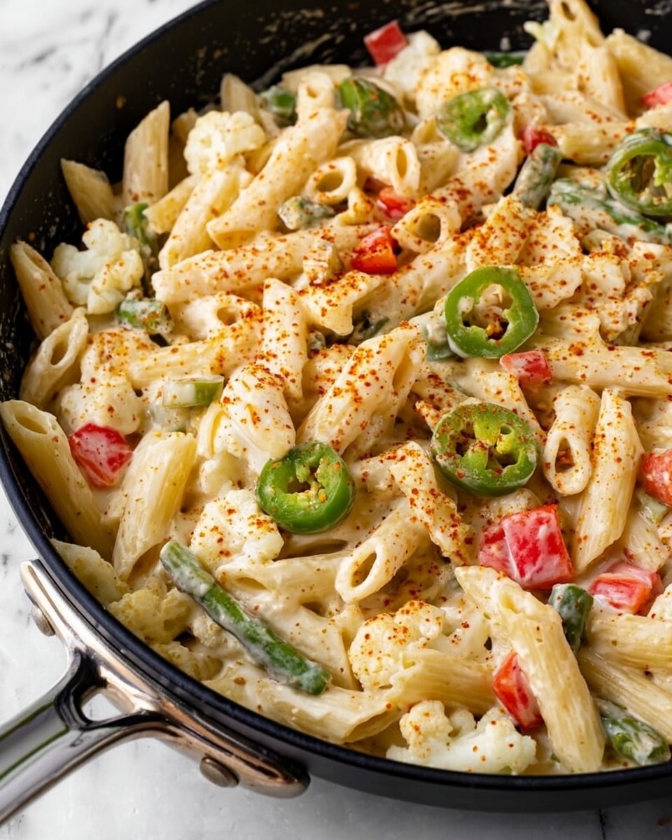 The dish is a close-up of penne pasta coated in a creamy white sauce, placed in a black pan with a silver handle on a white marbled surface. The pasta is mixed with chunks of light green jalapeño slices, small red bell pepper pieces, and green asparagus segments. There are also white cauliflower florets scattered throughout. The entire dish is sprinkled lightly with orange-red seasoning powder, adding color contrast. The textures include smooth creamy pasta, tender vegetables, and the rough sprinkled seasoning. Photo taken with an iphone --ar 4:5 --v 7