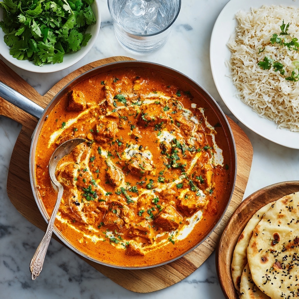 A white bowl contains a visually appealing Indian meal with three distinct layers: on the left, an orange creamy curry with visible chunks of chicken and small green herb pieces sprinkled on top; in the center, a neat mound of fluffy white rice mixed with scattered green herbs; and on the right, folded warm naan pieces with golden-brown spots and soft texture arranged along the edge of the bowl. The bowl rests on a white marbled surface with a blurred white pumpkin in the background. photo taken with an iphone --ar 4:5 --v 7