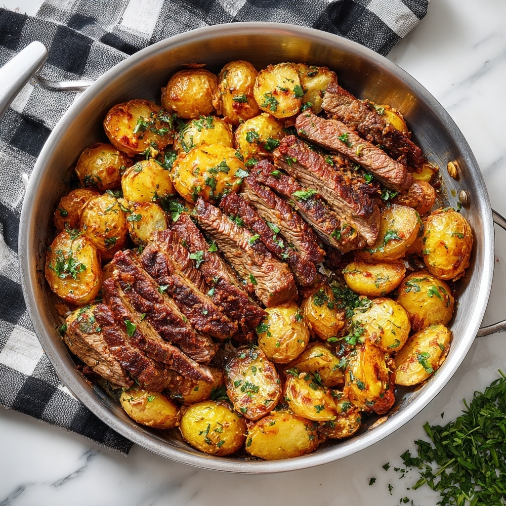 A round silver pan filled with two layers of food: the bottom layer has many small golden-brown roasted potato halves with crispy skins and a sprinkle of green herbs; the top layer consists of several thick, brown seared steak strips arranged loosely across the potatoes, showing a slightly charred texture with visible seasoning. The pan sits on a white marbled surface, next to a black and white checkered cloth and some green herbs scattered nearby. Photo taken with an iphone --ar 4:5 --v 7