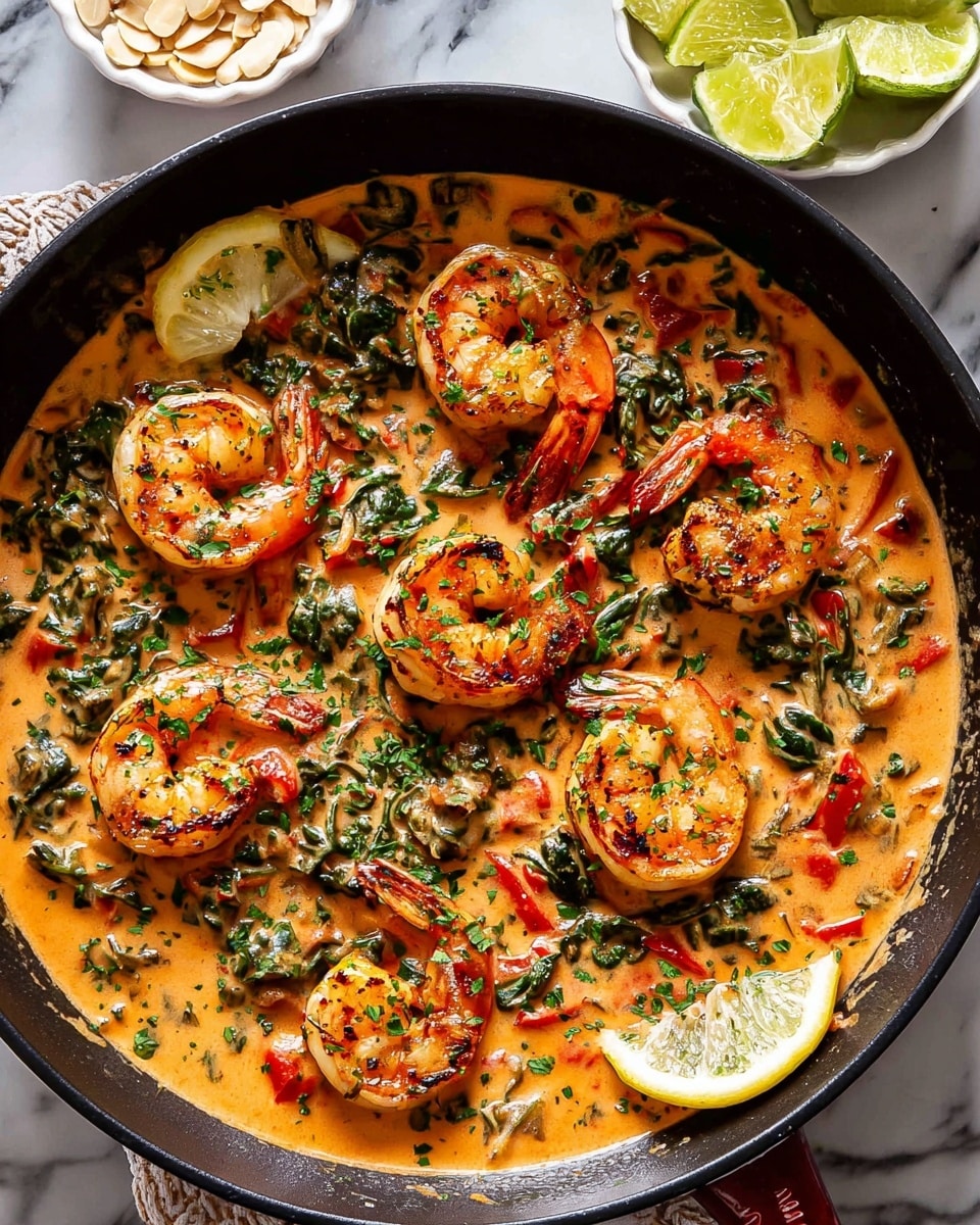 A black skillet filled with a creamy orange sauce that has small pieces of dark green leafy vegetables and red bell peppers mixed in. On top, there are eight large grilled shrimp arranged evenly, each shrimp is a light pinkish color with char marks and sprinkled with green herbs. Two lemon wedges sit on the edge of the skillet. The skillet is placed on a white marbled surface with a small white bowl of sliced almonds and a lime wedge nearby. Photo taken with an iphone --ar 4:5 --v 7