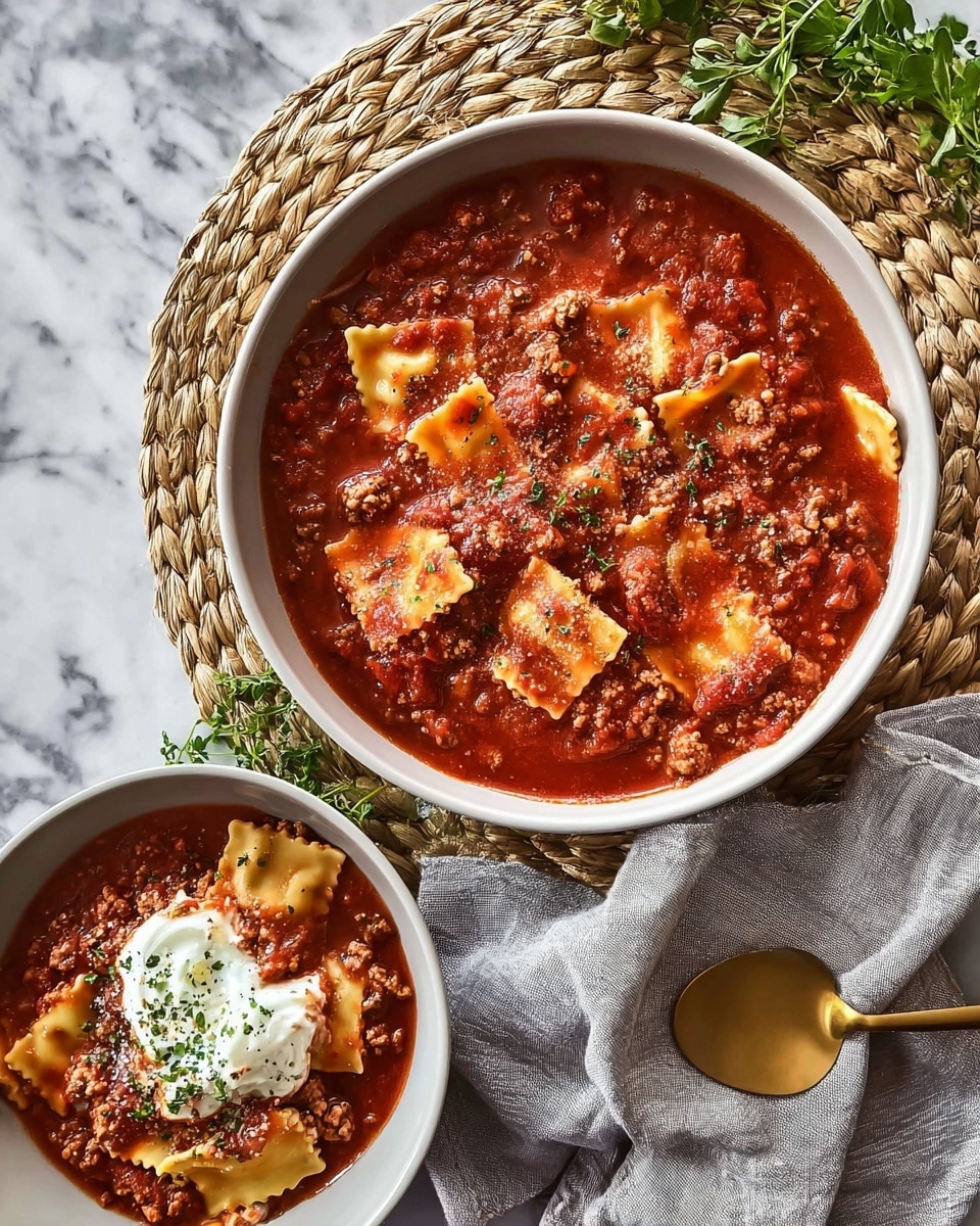 The image shows a bowl of lasagna soup served in a white bowl placed on a white marbled surface. The soup has three visible layers: at the bottom, there are wide, wavy-edged pasta pieces with a pale yellow color; above that is a thick layer of rich brown meat sauce with small chunks of ground meat and bits of spinach leaves with dark green color; on top, scattered patches of melted white cheese add a creamy texture. To the side, there is a small bowl with grated white cheese and a few fresh spinach leaves placed on the surface. A woman's hand is seen holding a gold fork and a gold spoon near the bowl. Photo taken with an iphone --ar 4:5 --v 7