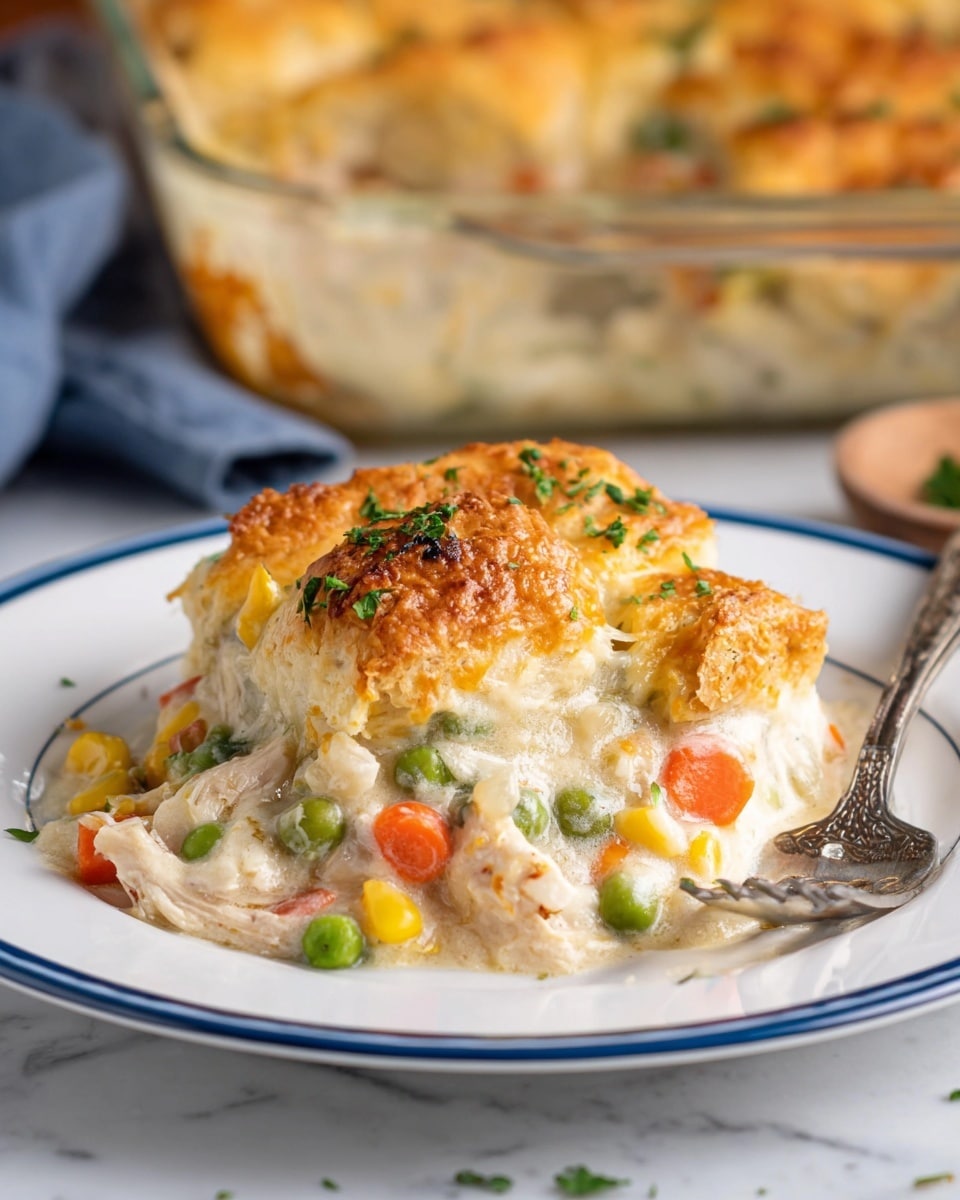In a white skillet with a blue handle, there are golden-brown biscuit-like dumplings on top of a creamy, light-colored sauce with small bits of herbs visible. The dumplings are round, puffy, and slightly crunchy on the edges, covering the surface unevenly. A silver spoon lifts one dumpling, revealing the thick sauce below. To the side, a white plate holds some of the dish with sliced chicken and garnished herbs. The scene is set on a white marbled surface. Photo taken with an iphone --ar 4:5 --v 7