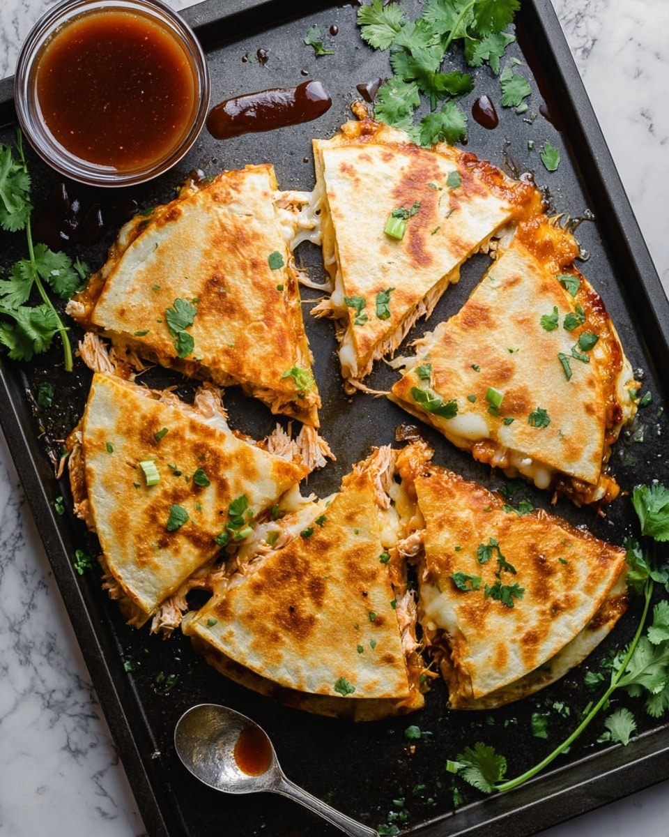 A stack of four thick quesadilla slices sits on a white parchment paper on a wooden board, placed on a white marbled texture. Each quesadilla has a light golden crispy outer tortilla layer, with a colorful filling inside. The filling shows cooked shredded chicken mixed with bright yellow corn kernels, fresh green cilantro pieces, and melted orange cheese. Rich reddish-brown sauce is drizzled generously inside and oozes out between the layers. Some corn kernels and sauce droplets are scattered around the stack. Fresh cilantro leaves decorate the edges, adding a touch of green. In the blurry background, there is a white bottle and more green herbs. photo taken with an iphone --ar 4:5 --v 7
