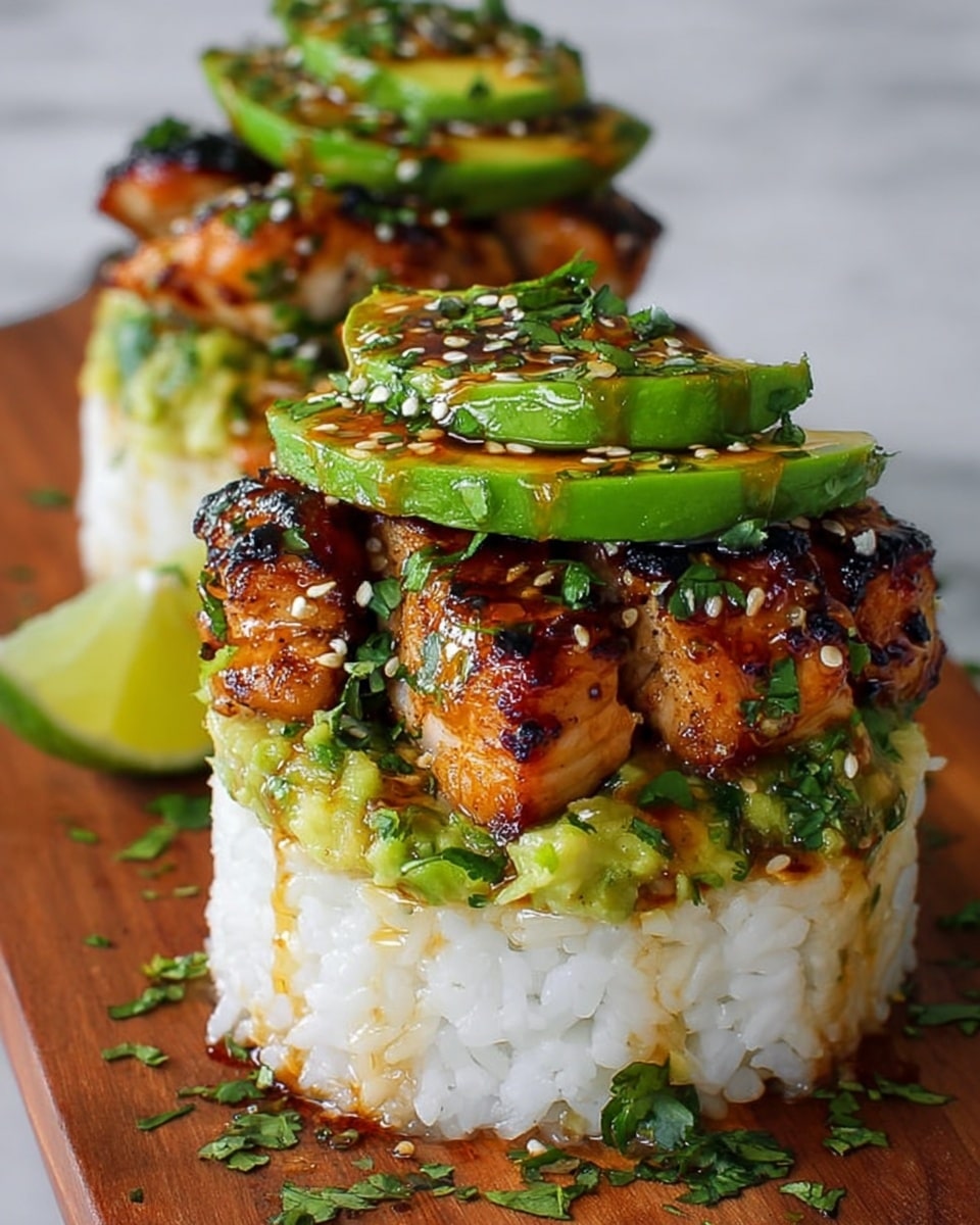 The dish shows two stacked servings on a white plate against a white marbled background. Each serving has three layers: the bottom layer is white sticky rice, compact and neatly round; the middle layer is a mashed green avocado mix with bits of herbs, spread thickly over the rice; the top layer consists of caramelized, golden-brown grilled chicken pieces, slightly charred with visible grill marks, garnished with green herb leaves. On the very top are thin slices of bright green avocado, partially covered with a glossy, sweet-looking sauce and sprinkled with sesame seeds and herbs. A wedge of lime and some scattered green herbs decorate the wooden board beneath. Photo taken with an iphone --ar 4:5 --v 7