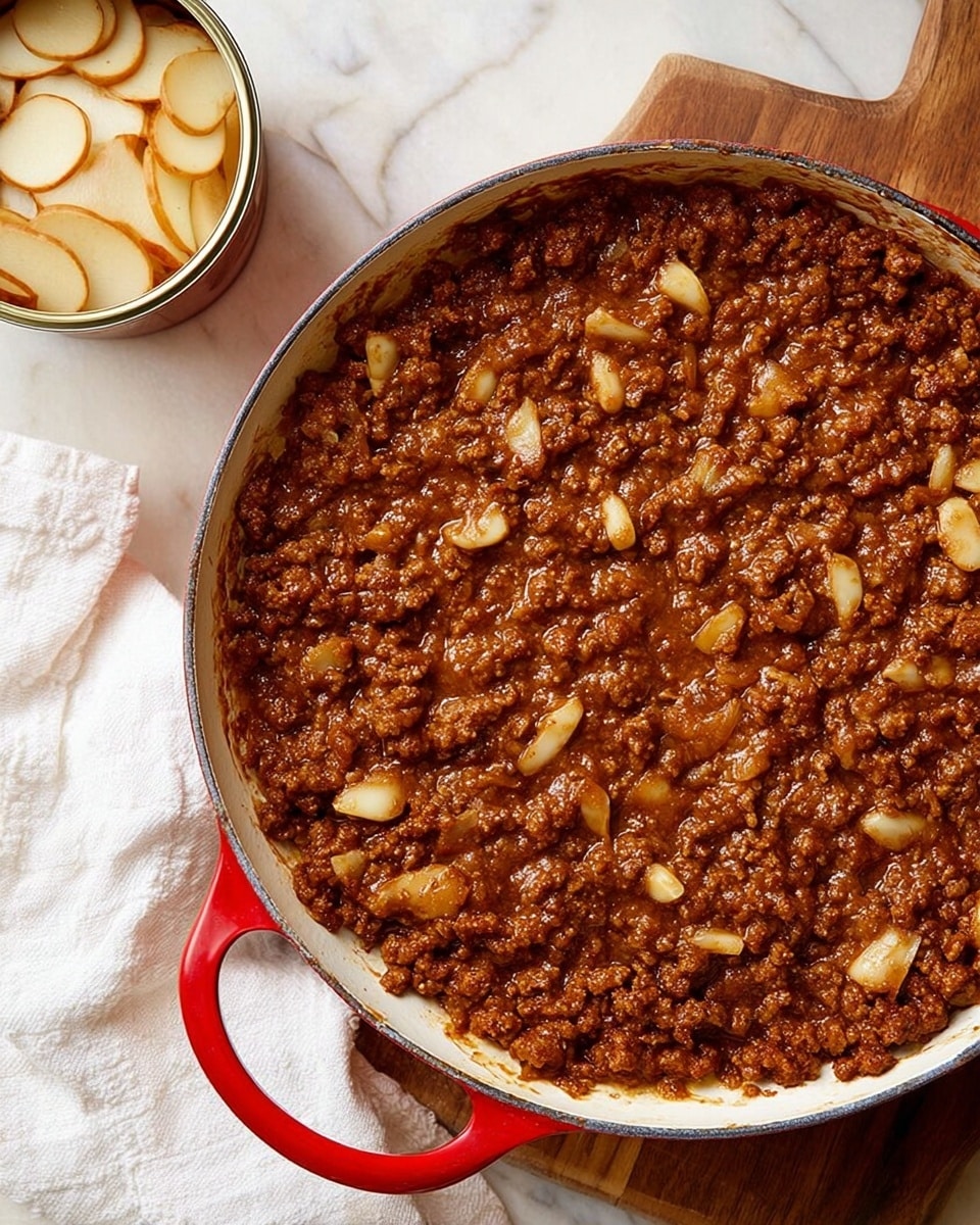 A white round plate holds three main parts: on the right half, there is a neat pile of white fluffy rice with separated grains; on the bottom left, a thick layer of glossy, dark brown minced meat sauce with small pieces of onions mixed in, topped with a few white sesame seeds; above the sauce, two light beige steamed dumplings with pleated tops; the plate rests on a white marbled textured surface. In the background, part of a pan filled with the same meat sauce and a can with round white items are visible. Photo taken with an iphone --ar 4:5 --v 7