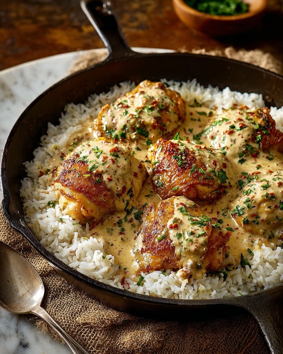 A white round bowl holds a dish with three main layers: at the base is a creamy, light beige sauce with visible small pieces of cooked onions and herbs, spread evenly across the bowl. On top of the sauce are golden brown, seared chicken chunks placed all around in a scattered, circular pattern. In the center of the bowl sits a neat mound of fluffy white rice garnished with finely chopped green herbs. A small wedge of yellow lemon rests at the back edge of the bowl. The bowl is set on a wooden board over a white marbled surface. photo taken with an iphone --ar 4:5 --v 7